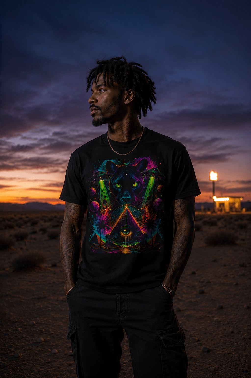 Mystic Panther Pyramid T-Shirt — Neon Psychedelic Cat Eye Graphic Tee