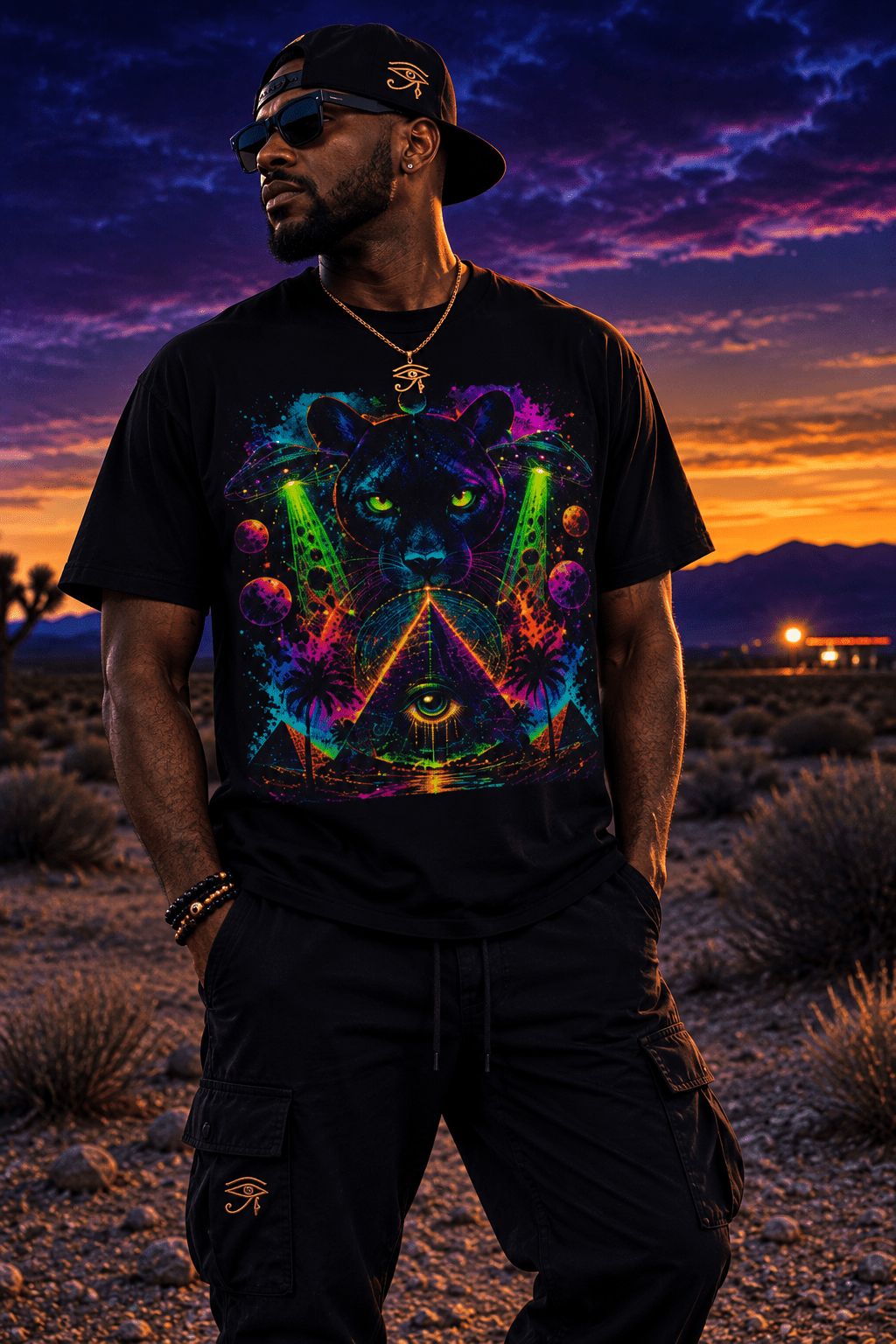 Mystic Panther Pyramid T-Shirt — Neon Psychedelic Cat Eye Graphic Tee