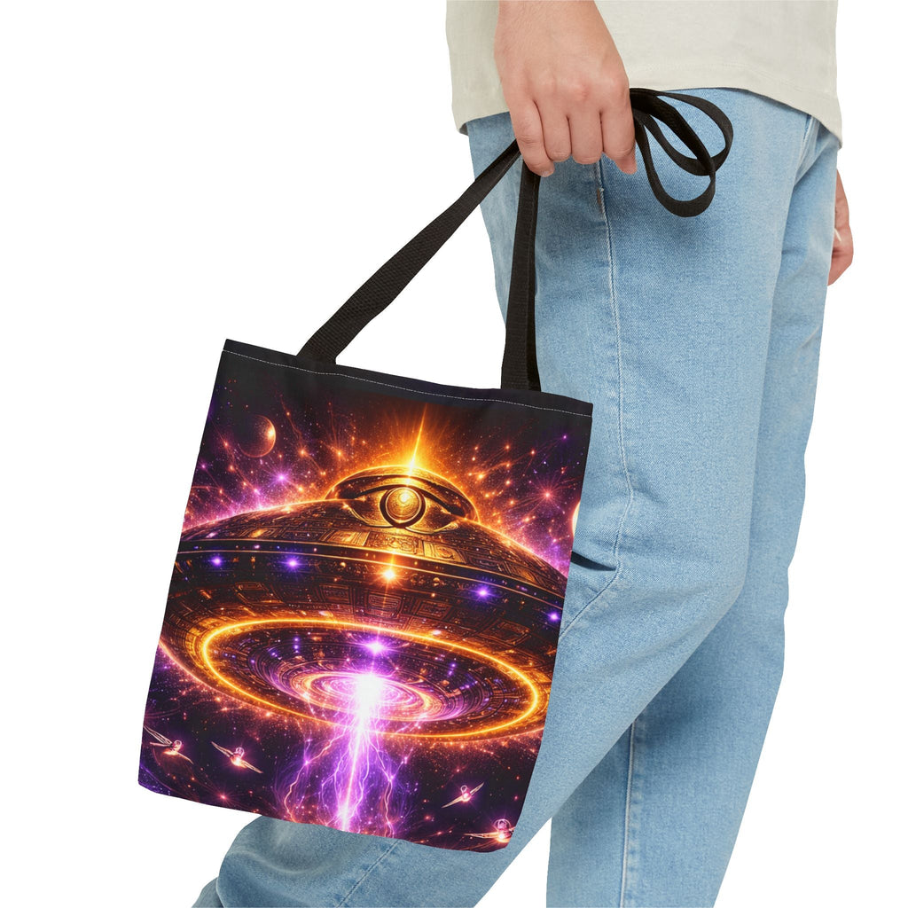 Mystic Pyramid Tote Bag — Cosmic Eye & Golden Light All-Over Print Printify