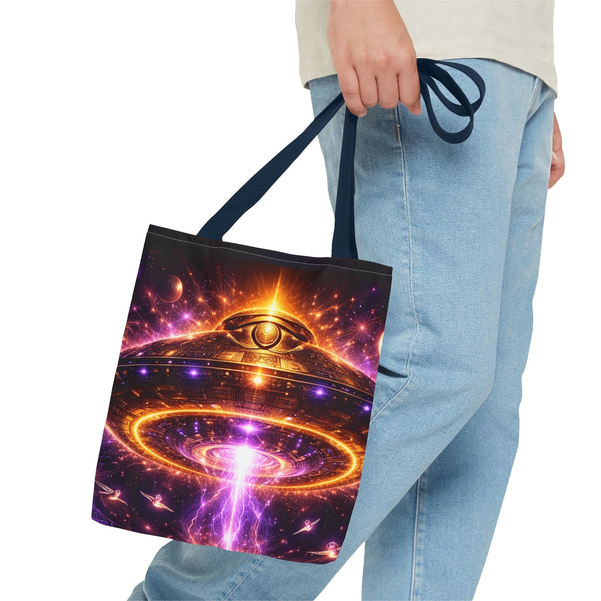 Mystic Pyramid Tote Bag — Cosmic Eye & Golden Light All-Over Print Printify