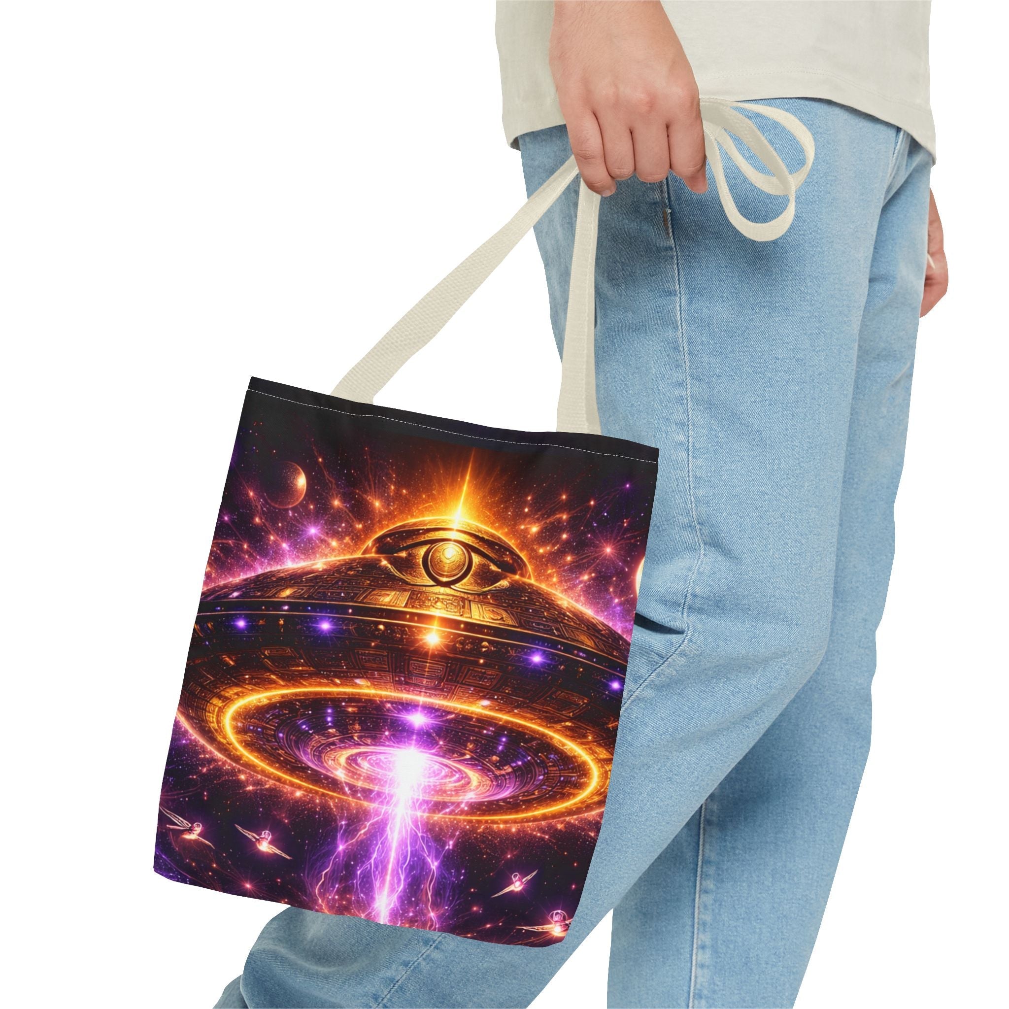 Mystic Pyramid Tote Bag — Cosmic Eye & Golden Light All-Over Print Printify