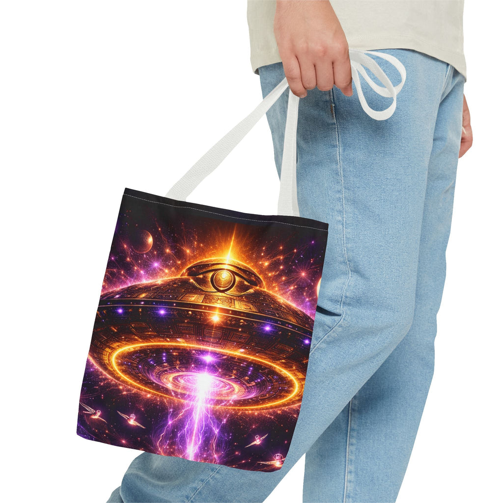 Mystic Pyramid Tote Bag — Cosmic Eye & Golden Light All-Over Print Printify