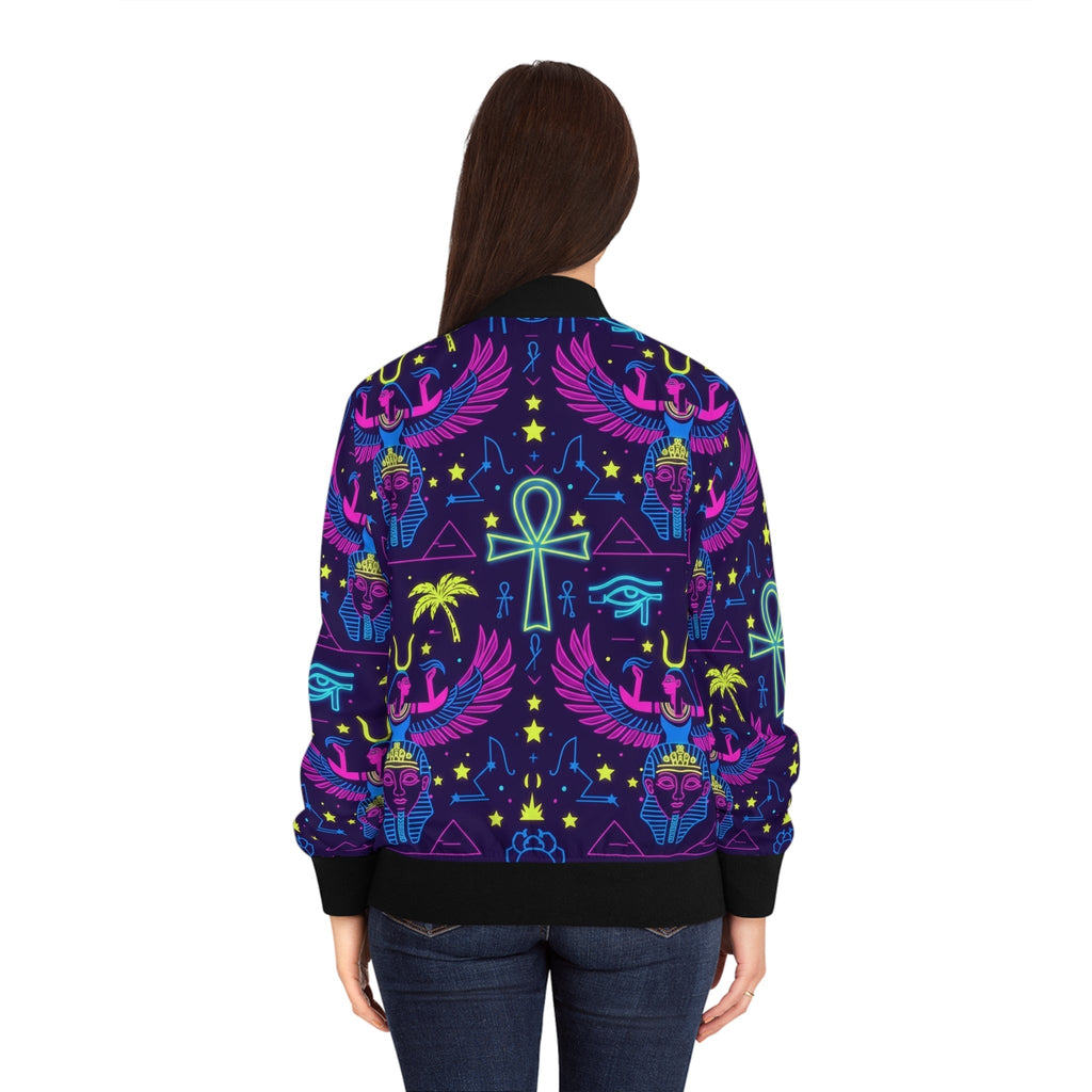 Neon Egyptian Motif Bomber Jacket — Women's All-Over Print Printify