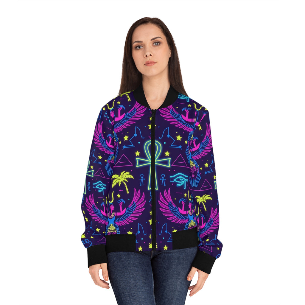 Neon Egyptian Motif Bomber Jacket — Women's All-Over Print Printify