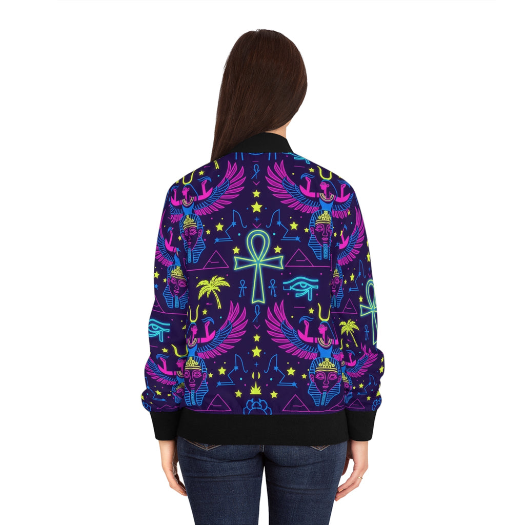 Neon Egyptian Motif Bomber Jacket — Women's All-Over Print Printify