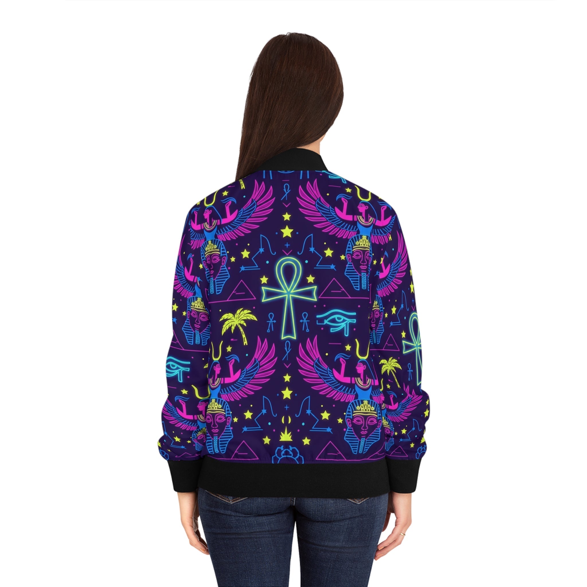 Neon Egyptian Motif Bomber Jacket — Women's All-Over Print Printify