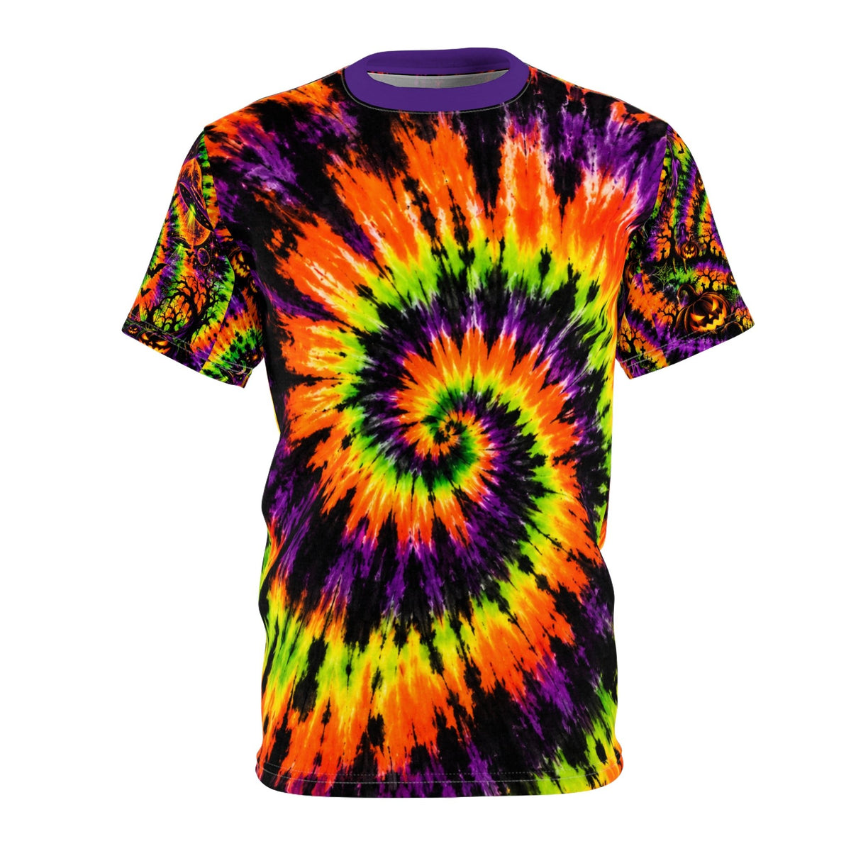 Neon Halloween Tie-Dye Spiral Tee — Pumpkin & UFO Sleeves
