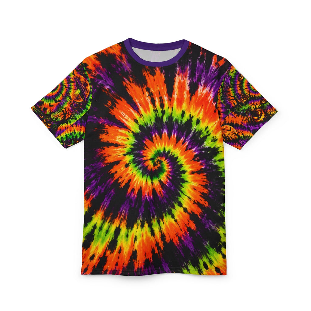 Neon Halloween Tie-Dye Spiral Tee — Pumpkin & UFO Sleeves