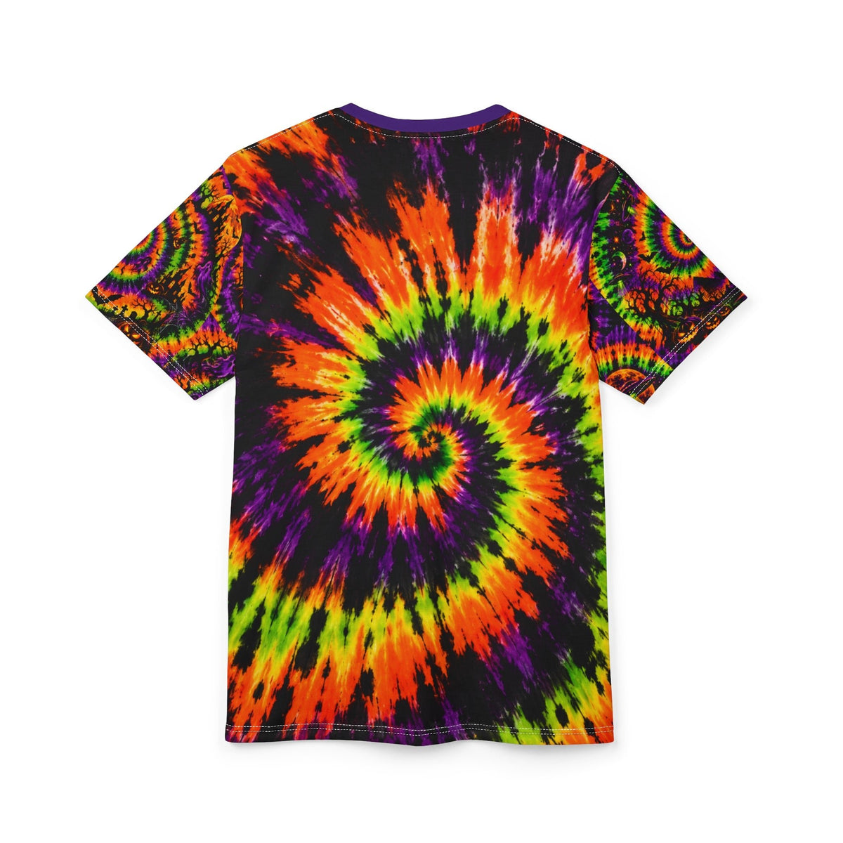 Neon Halloween Tie-Dye Spiral Tee — Pumpkin & UFO Sleeves
