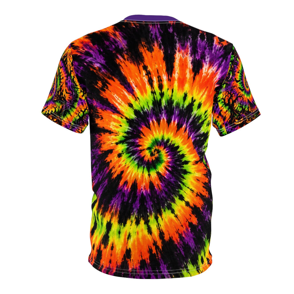 Neon Halloween Tie-Dye Spiral Tee — Pumpkin & UFO Sleeves