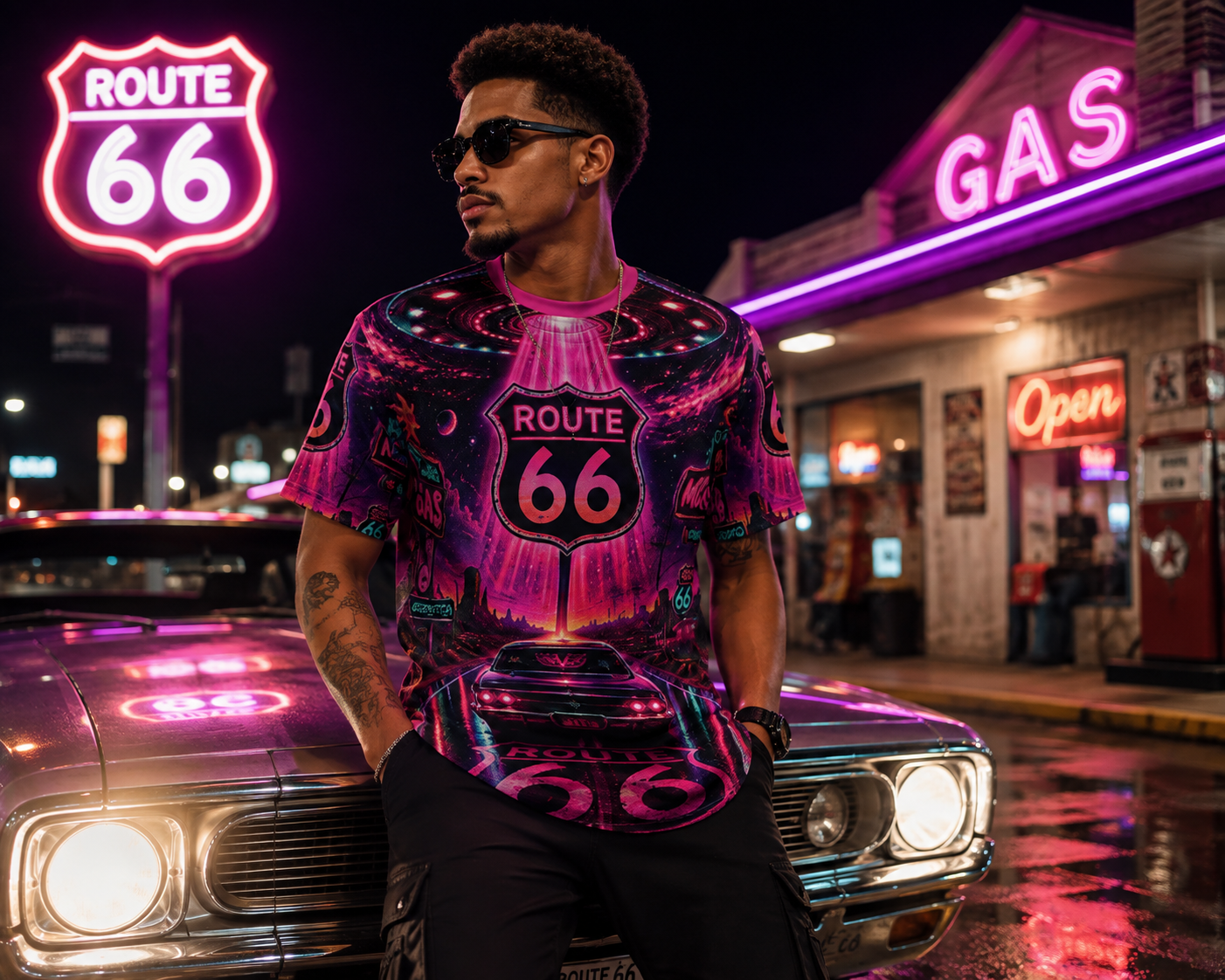 Neon Vortex Route 66 AOP Tee
