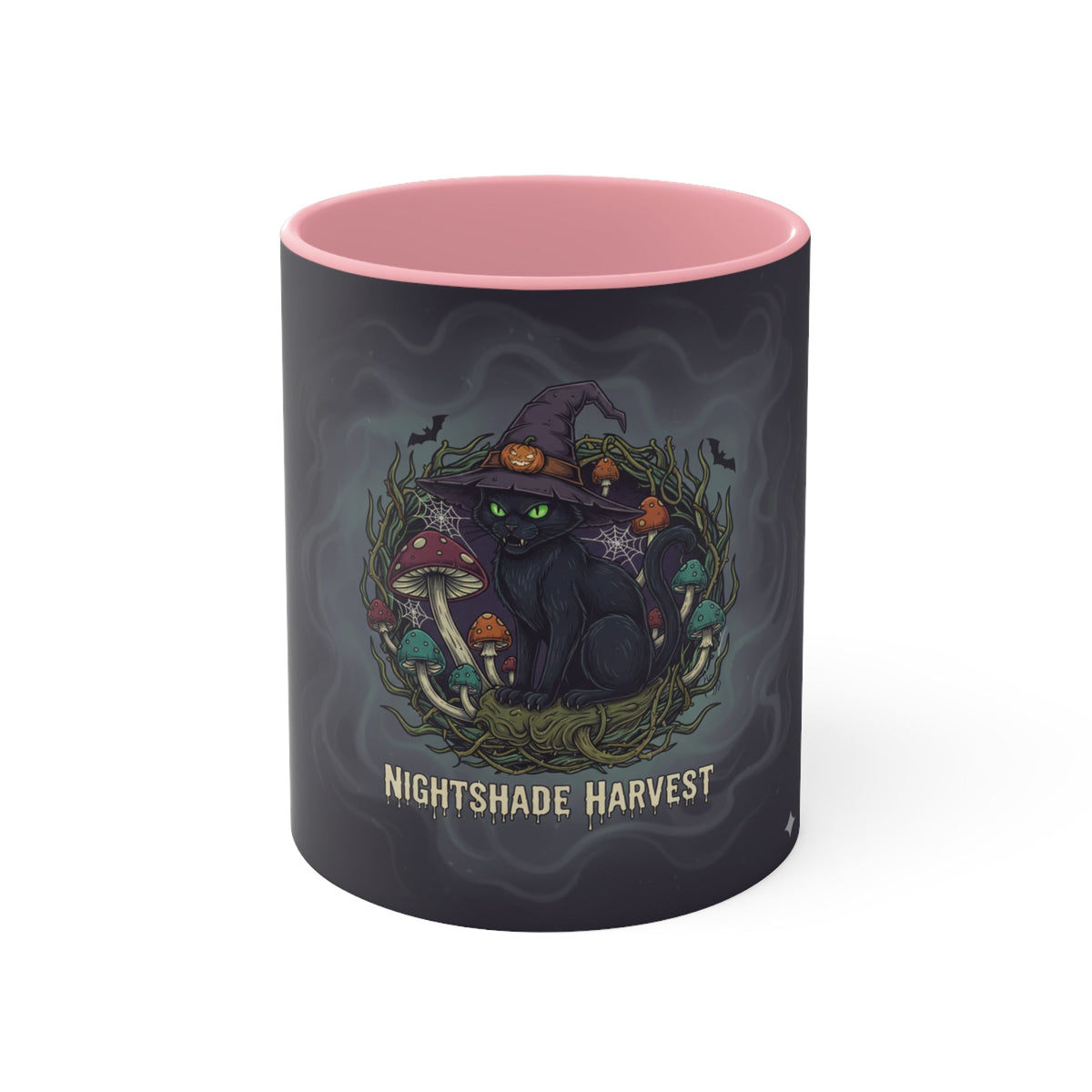 Nightshade Harvest black cat witch mug with mushrooms, bats and cobwebs – JR Vortex Halloween coffee cup