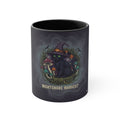 Nightshade Harvest Cat Mug front view with black interior – green-eyed black cat in witch hat