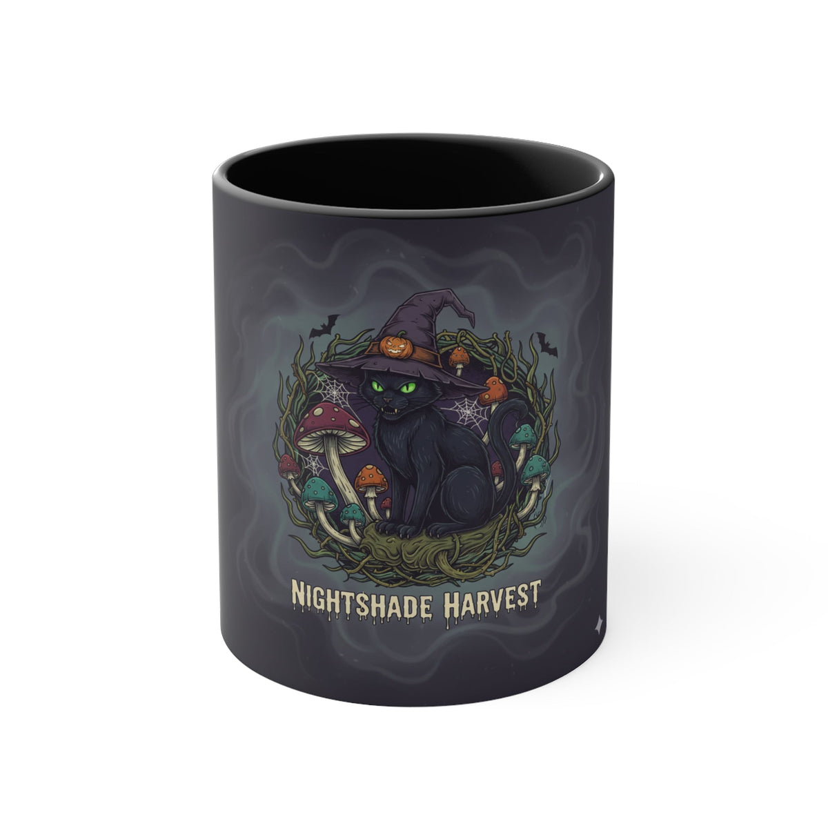 Nightshade Harvest Cat Mug front view with black interior – green-eyed black cat in witch hat