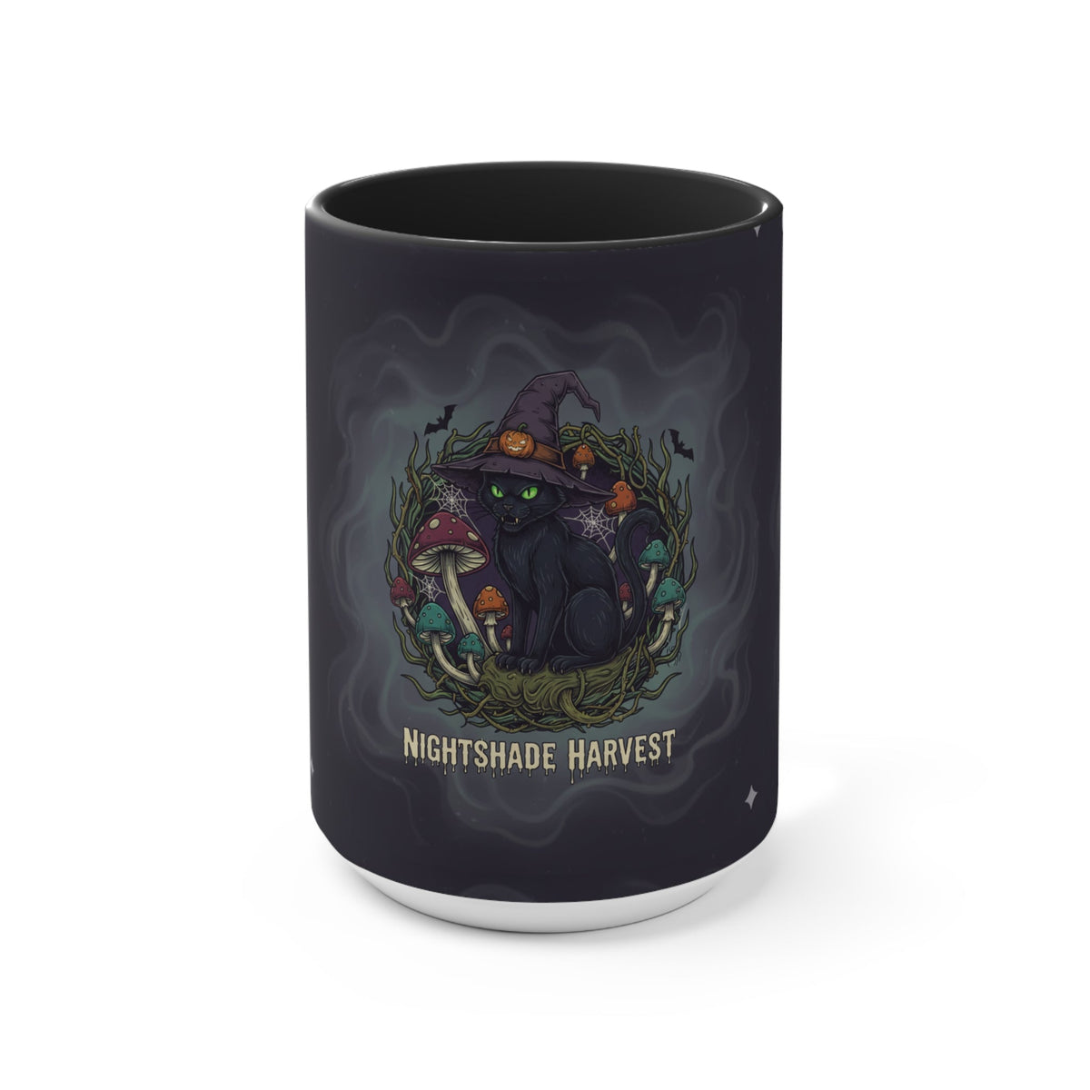 Black cat mushroom mug – spooky fall coffee cup gift for cat lovers