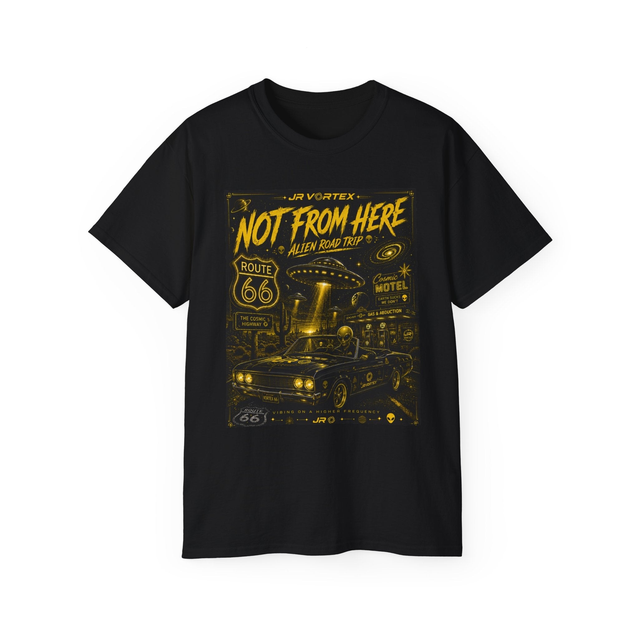 Not From Here T‑Shirt — Retro Route 66 Alien Road Trip Graphic Tee