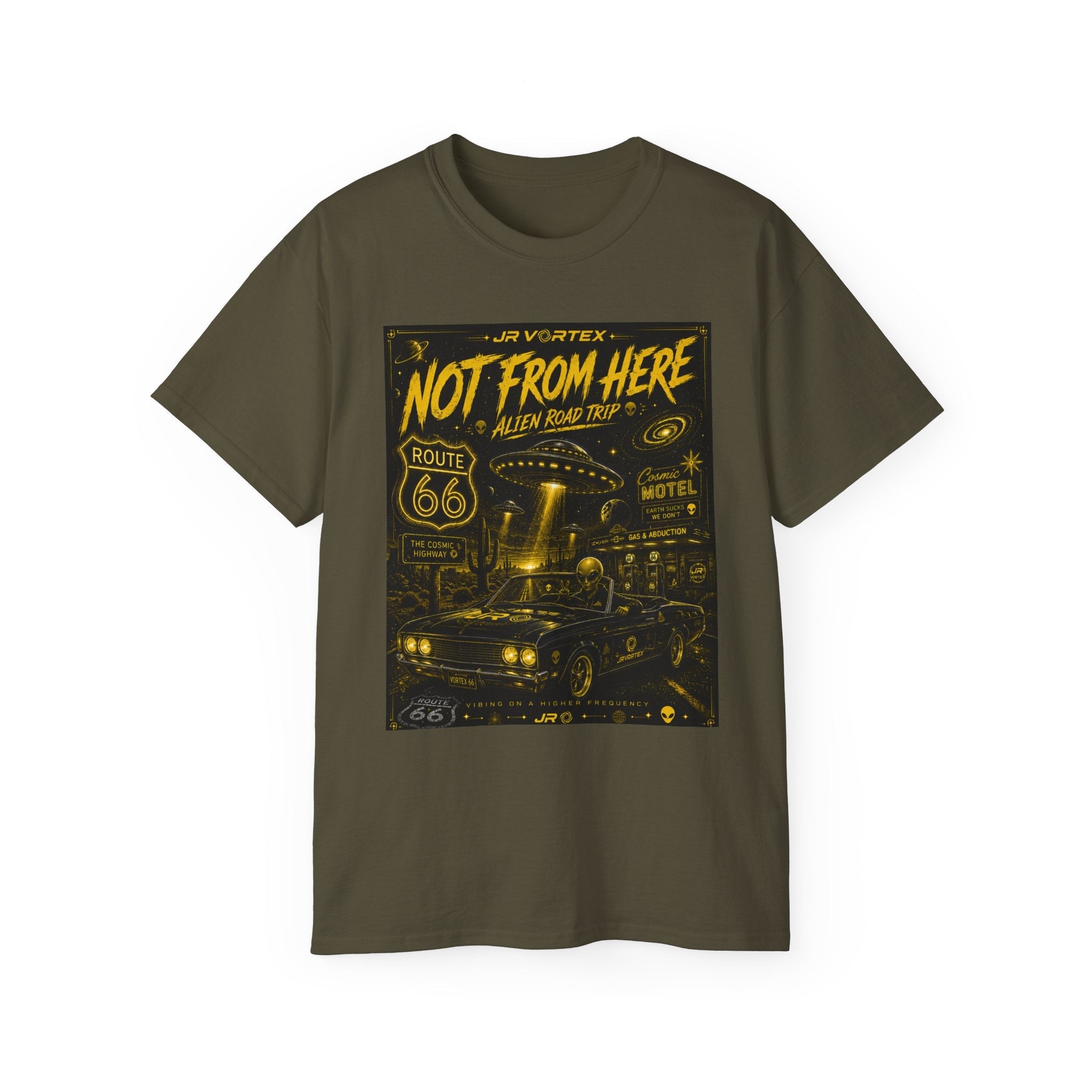 Not From Here T‑Shirt — Retro Route 66 Alien Road Trip Graphic Tee