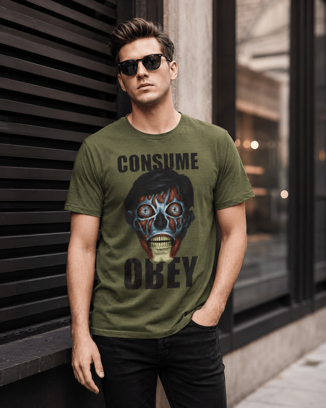 Obey Consume Alien Skull Tee — Dystopian Sci‑Fi Graphic T-Shirt