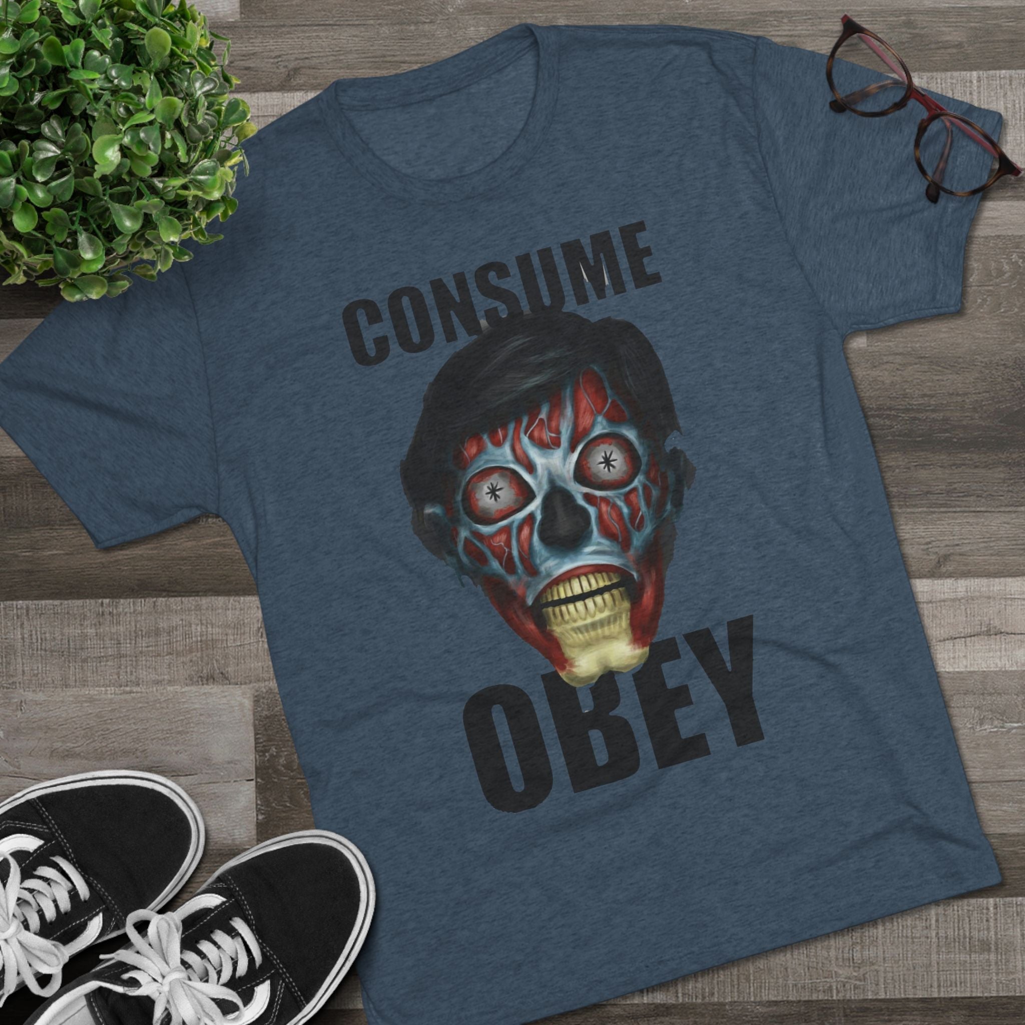 Obey Consume Alien Skull Tee — Dystopian Sci‑Fi Graphic T-Shirt Printify