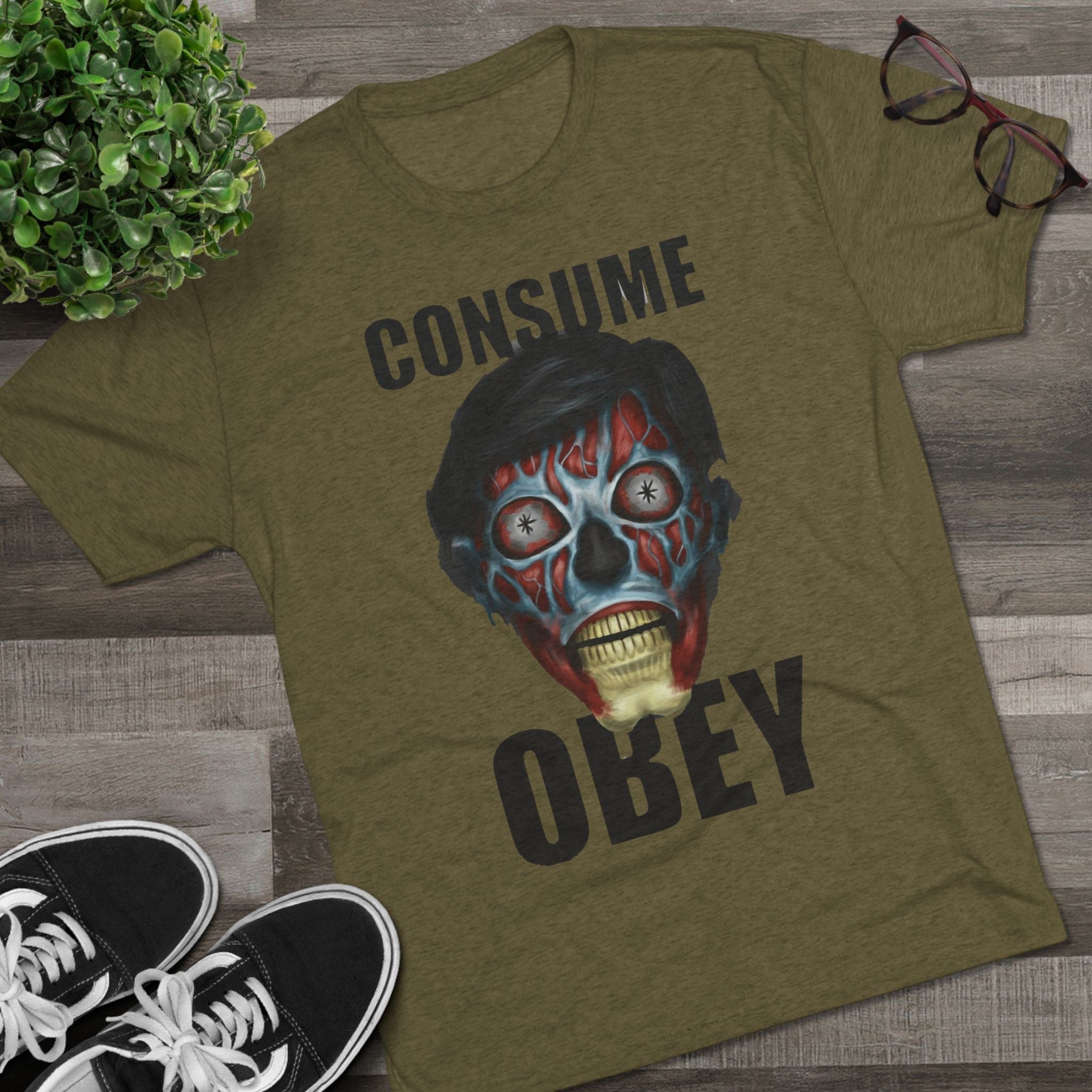 Obey Consume Alien Skull Tee — Dystopian Sci‑Fi Graphic T-Shirt Printify