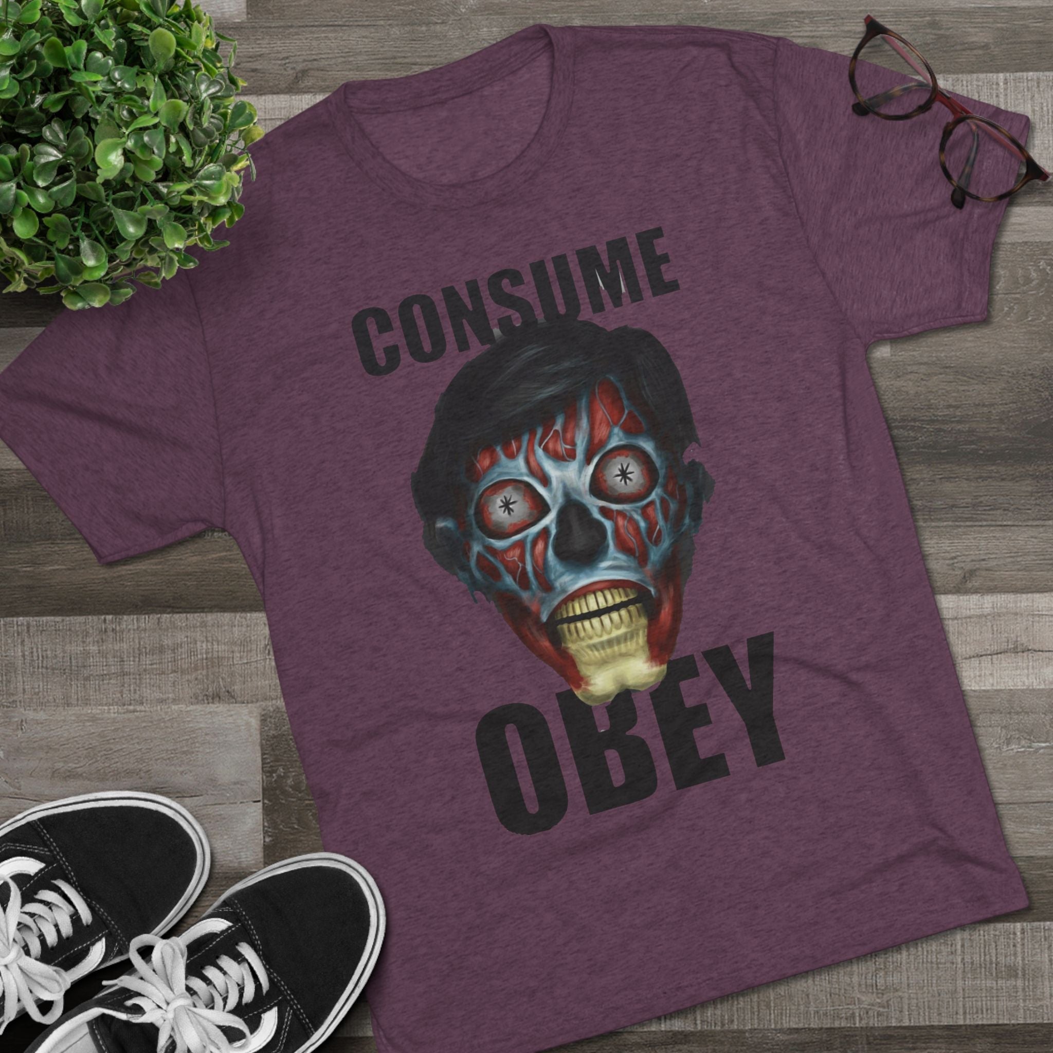 Obey Consume Alien Skull Tee — Dystopian Sci‑Fi Graphic T-Shirt Printify
