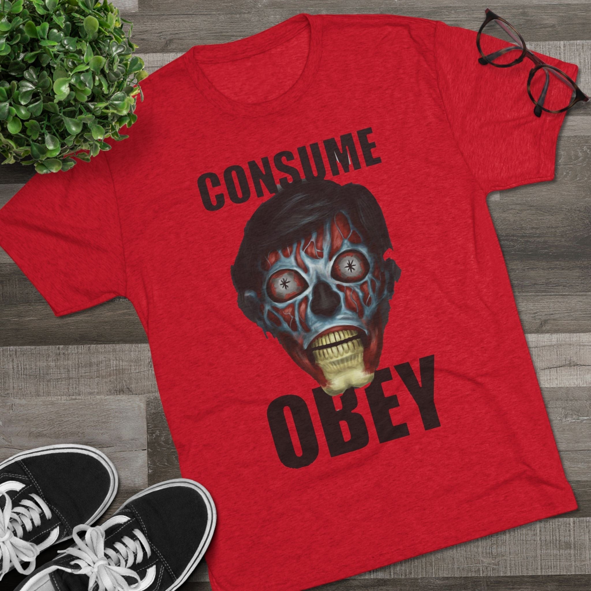 Obey Consume Alien Skull Tee — Dystopian Sci‑Fi Graphic T-Shirt Printify