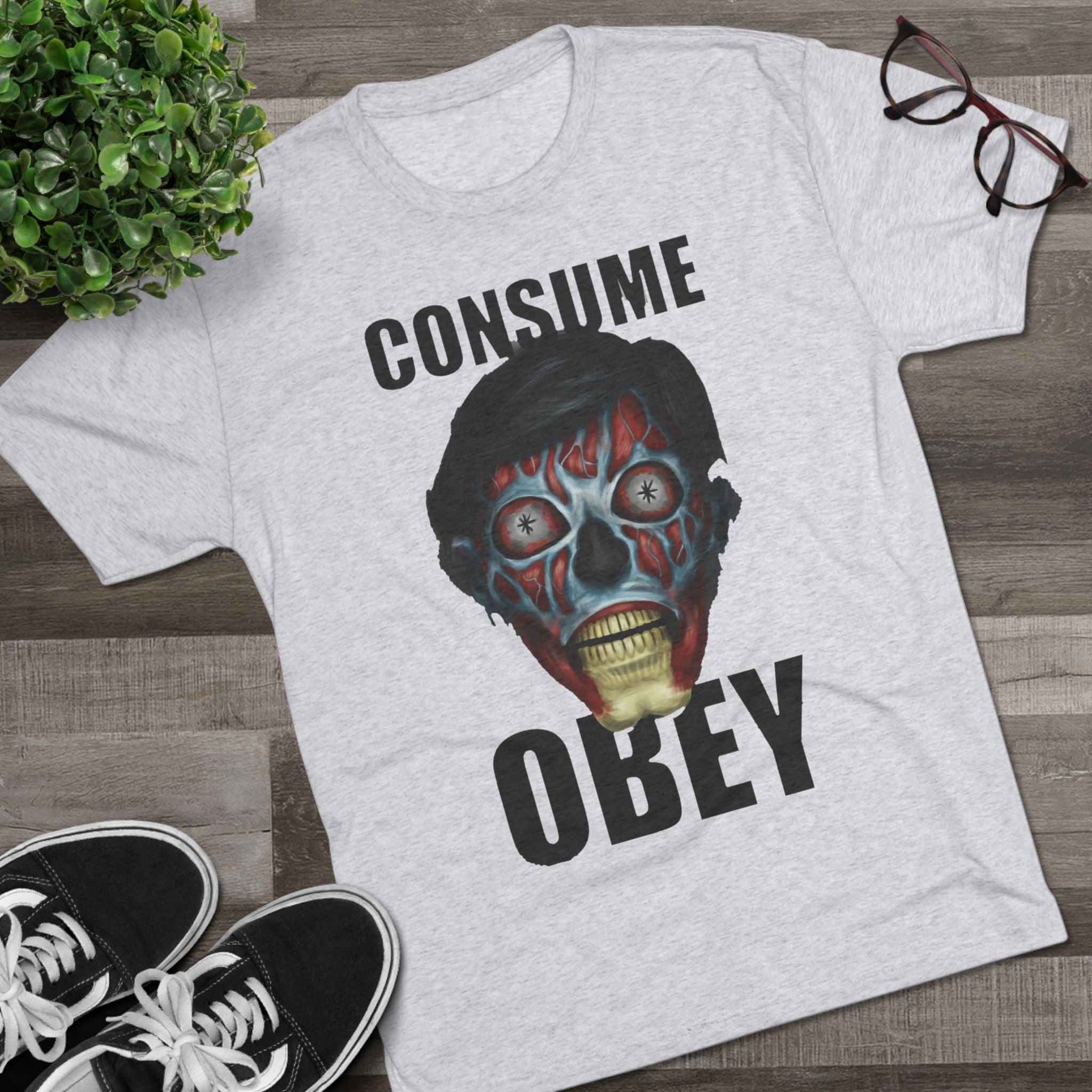 Obey Consume Alien Skull Tee — Dystopian Sci‑Fi Graphic T-Shirt Printify