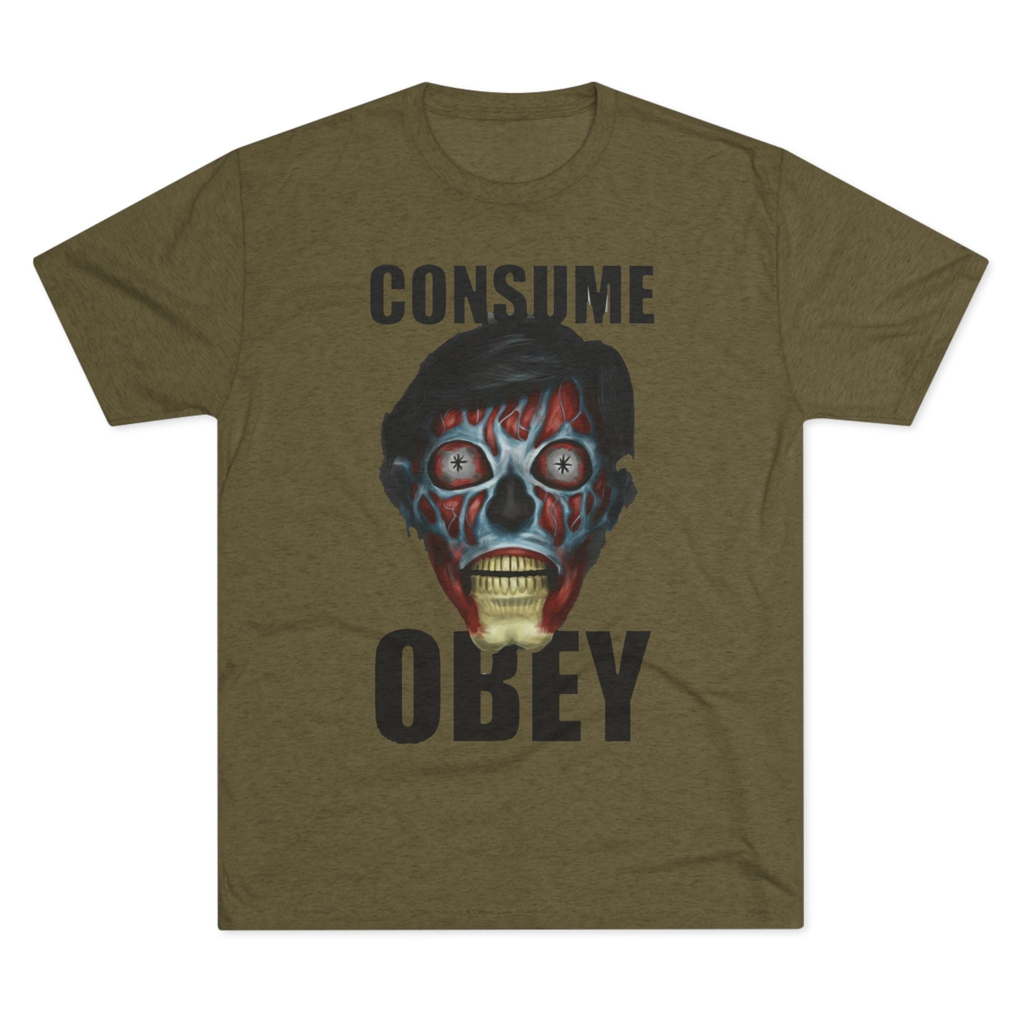 Obey Consume Alien Skull Tee — Dystopian Sci‑Fi Graphic T-Shirt Printify