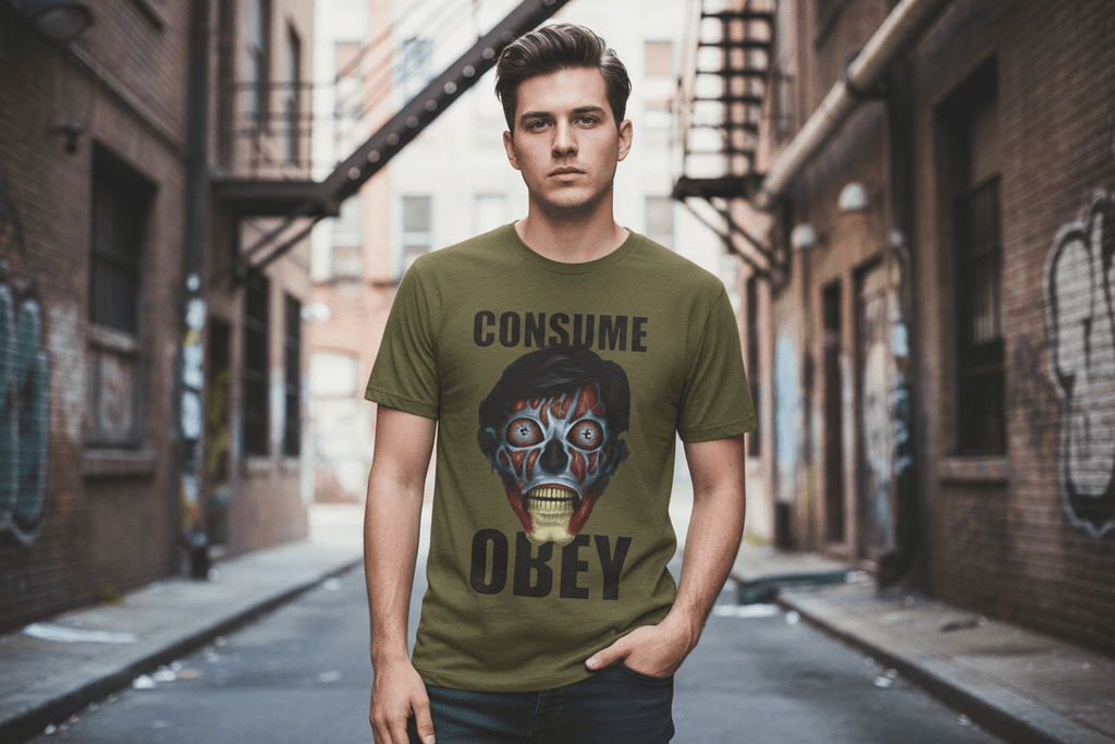 Lifestyle image of Consume Obey alien skull t-shirt