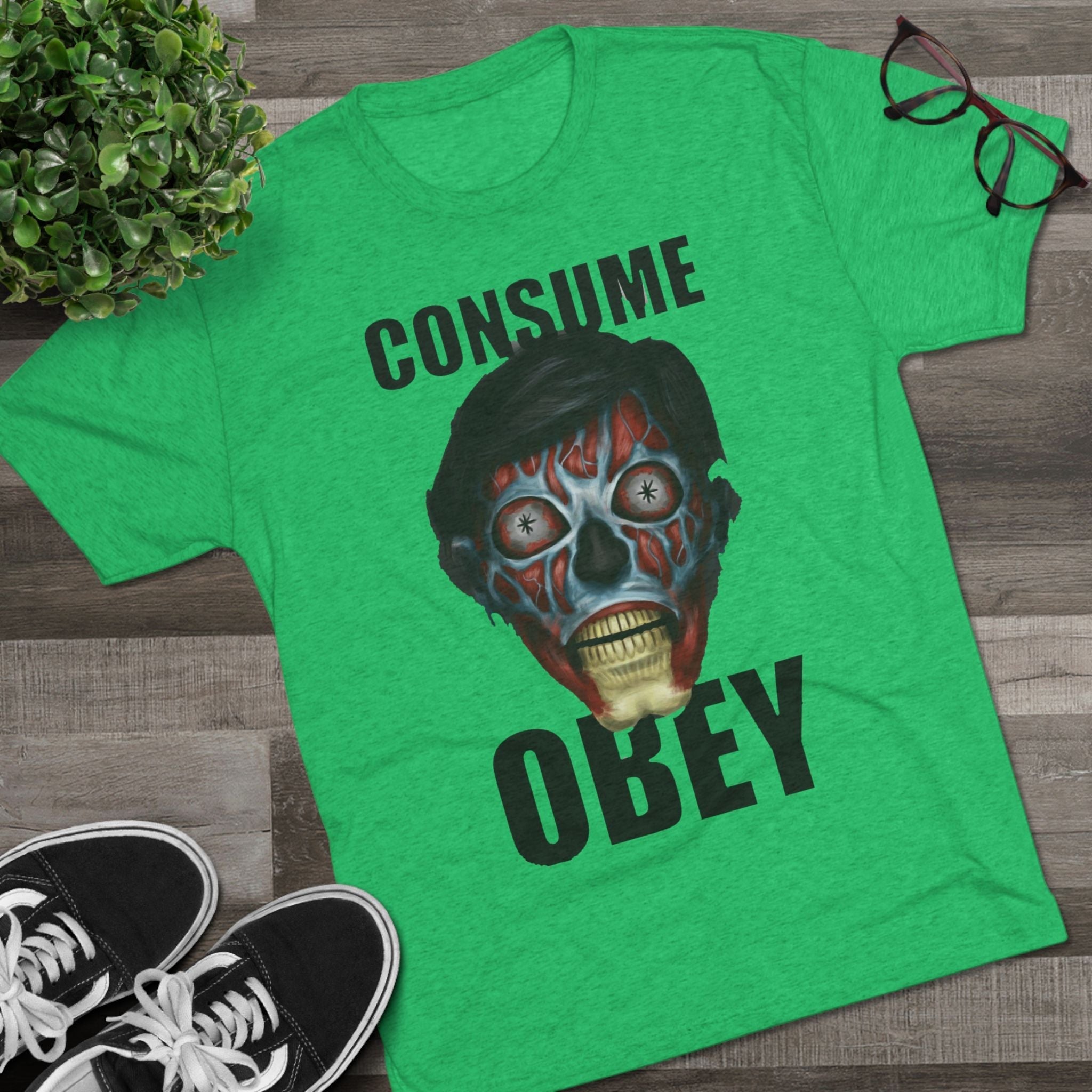 Obey Consume Alien Skull Tee — Dystopian Sci‑Fi Graphic T-Shirt Printify