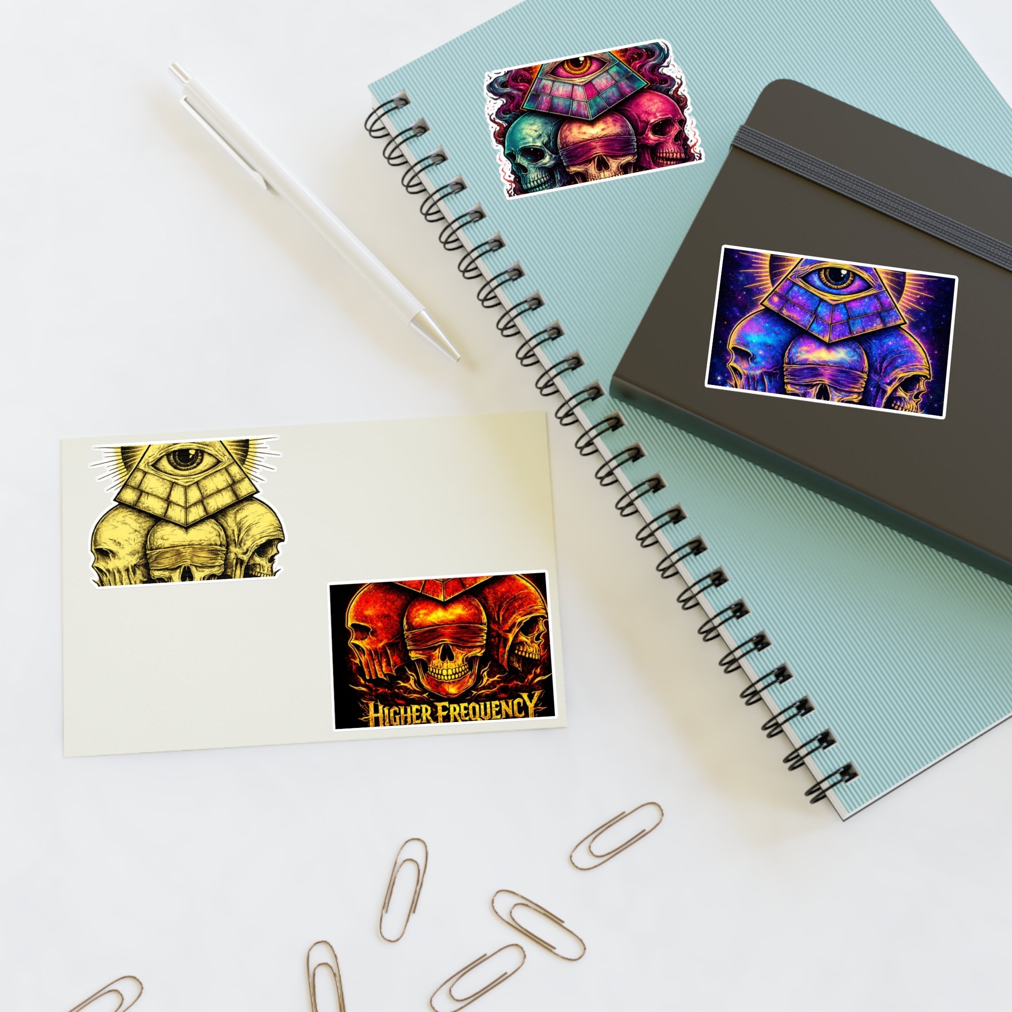Occult Skull Sticker Sheet — Higher Frequency Eye Pyramid Designs Printify