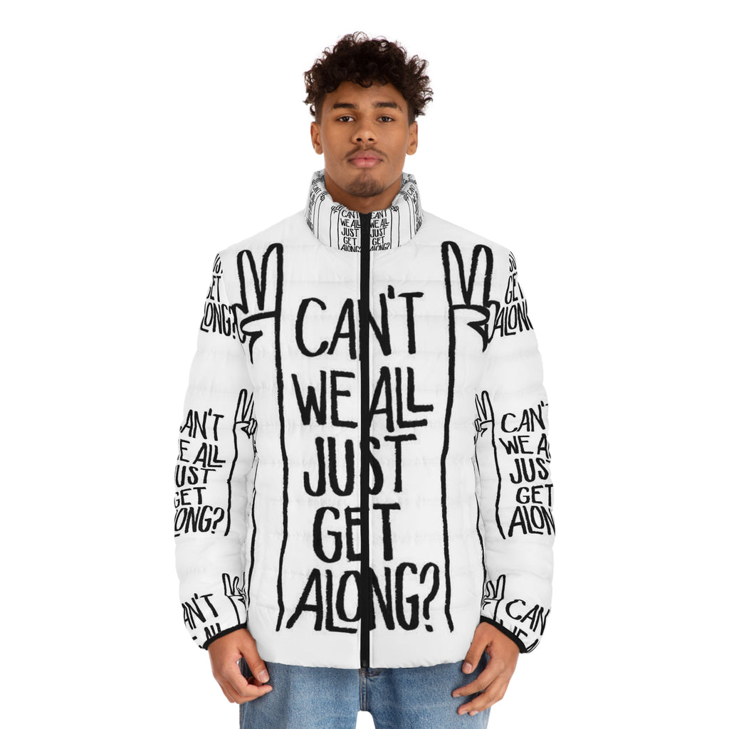 Peace Sign Puffer Jacket — "Can't We All Just Get Along?" Graphic Outerwear Printify