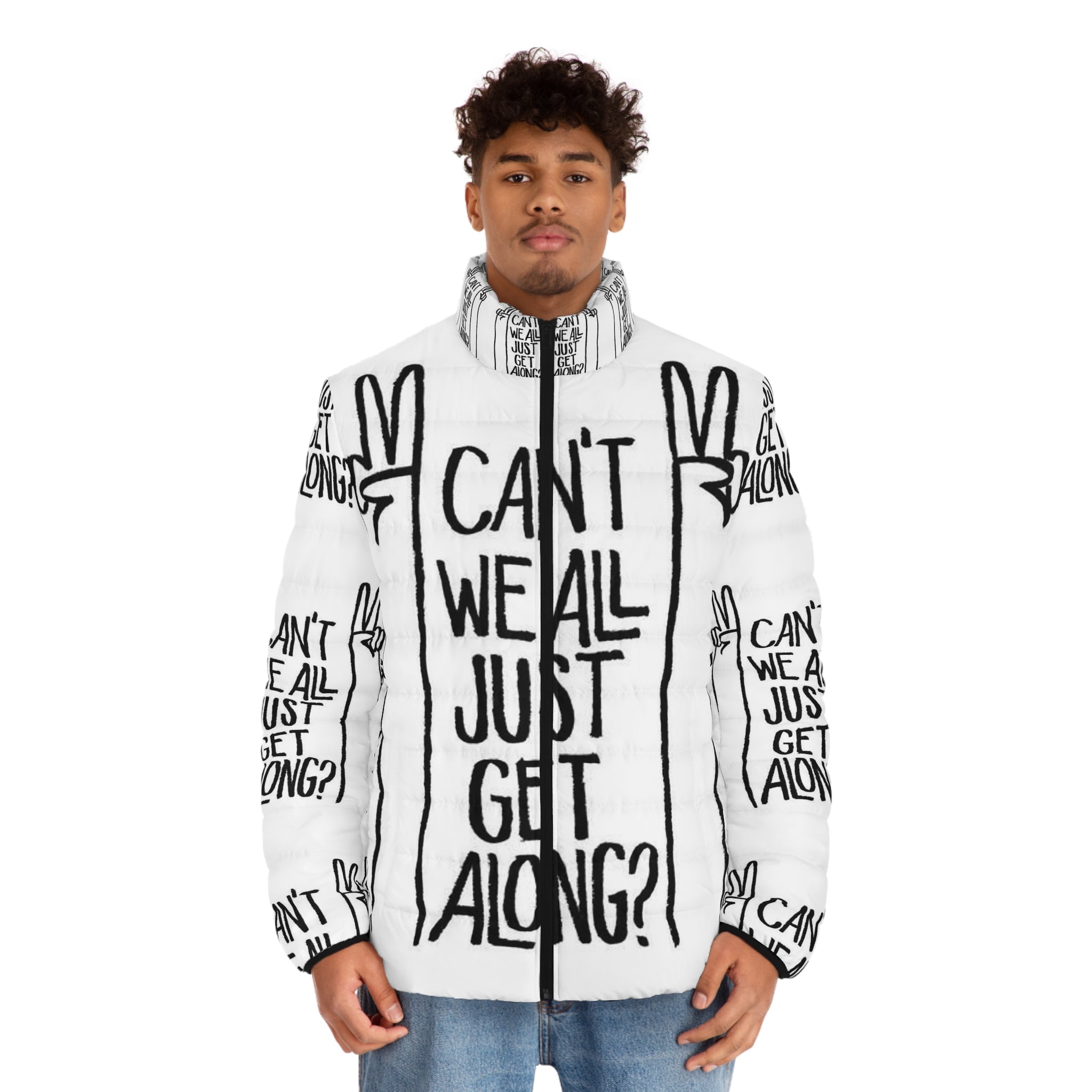 Peace Sign Puffer Jacket — "Can't We All Just Get Along?" Graphic Outerwear Printify