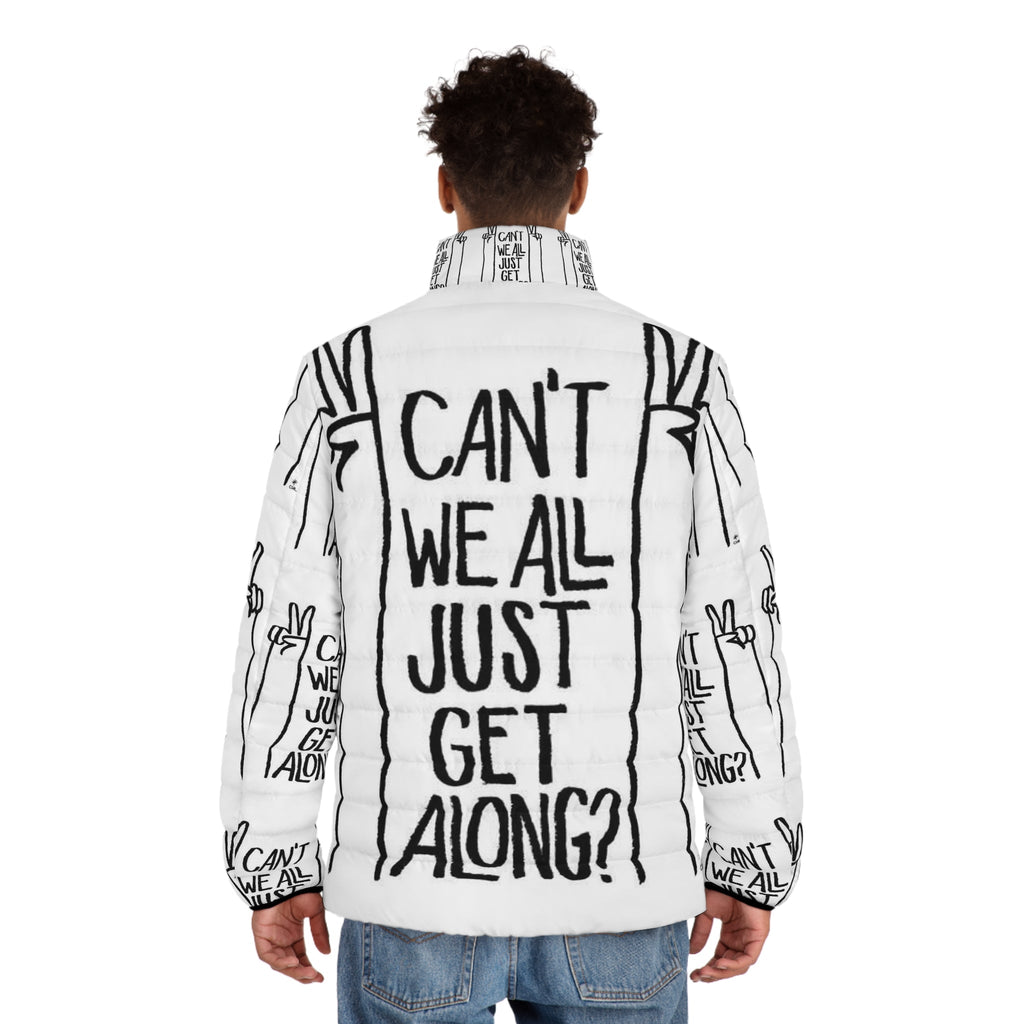 Peace Sign Puffer Jacket — "Can't We All Just Get Along?" Graphic Outerwear Printify