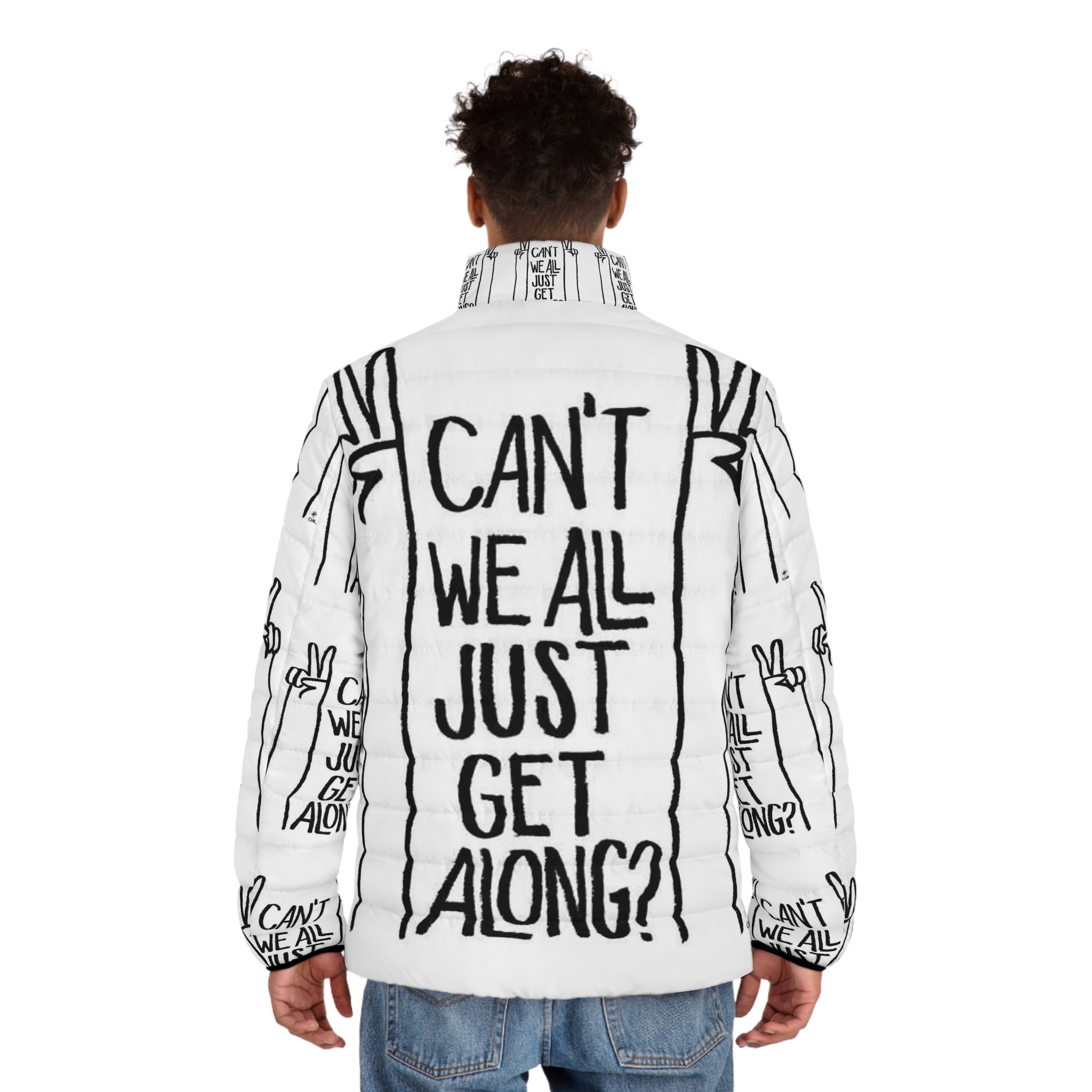 Peace Sign Puffer Jacket — "Can't We All Just Get Along?" Graphic Outerwear Printify