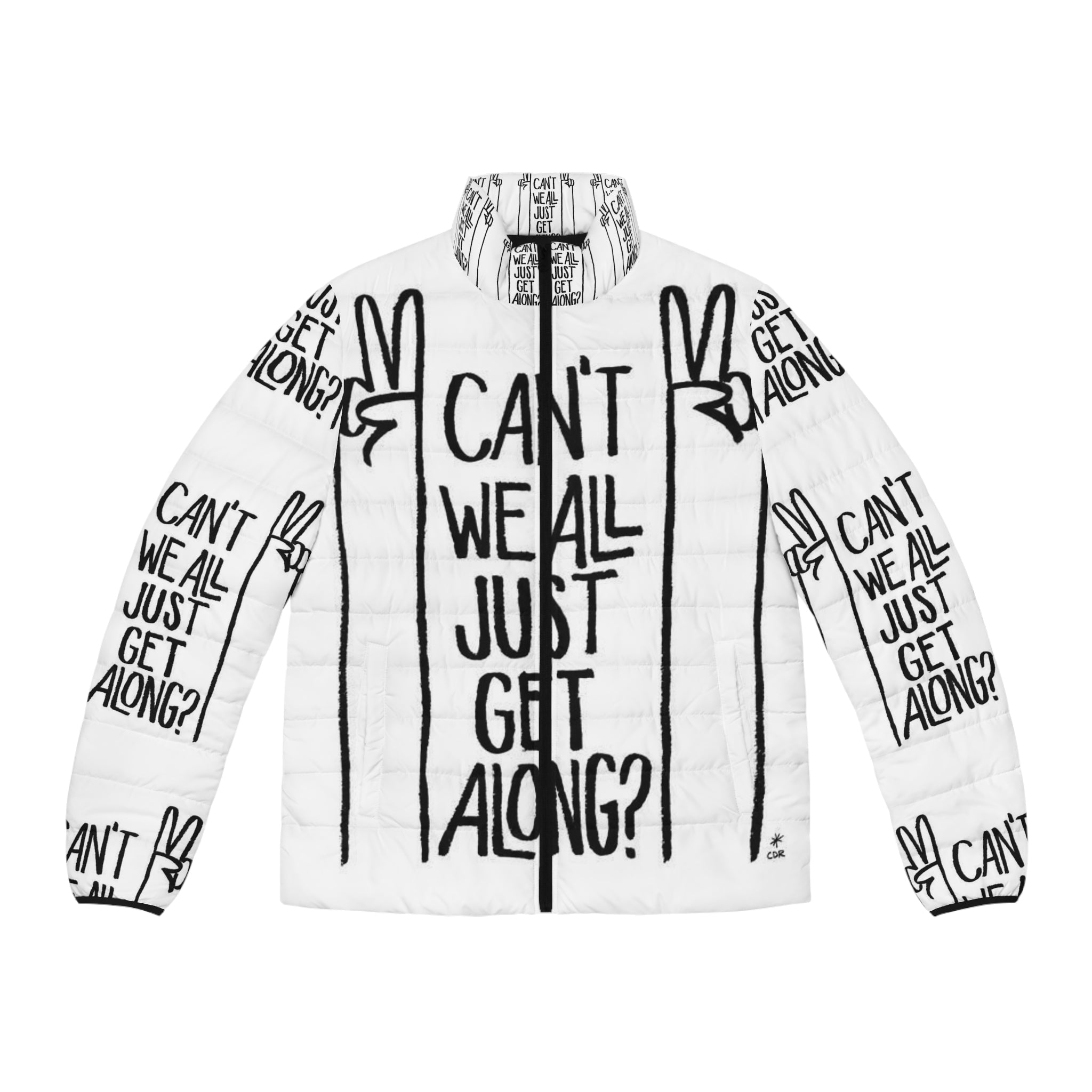 Peace Sign Puffer Jacket — "Can't We All Just Get Along?" Graphic Outerwear Printify