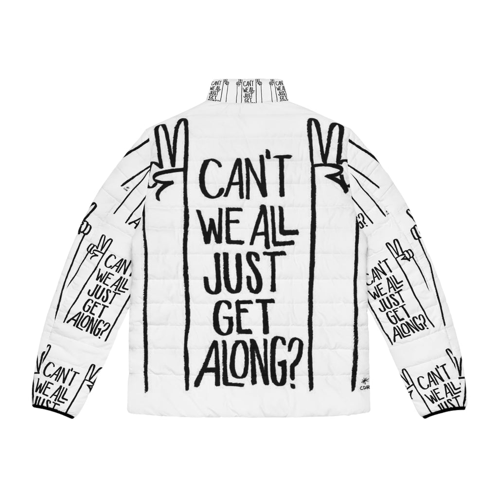Peace Sign Puffer Jacket — "Can't We All Just Get Along?" Graphic Outerwear Printify