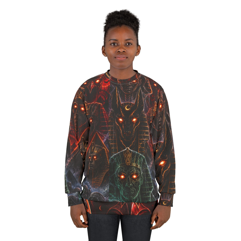 Pharaoh's Curse AOP Sweatshirt — Glowing-Eye Anubis & Egyptian Gods