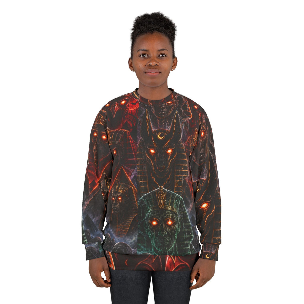 Pharaoh's Curse AOP Sweatshirt — Glowing-Eye Anubis & Egyptian Gods