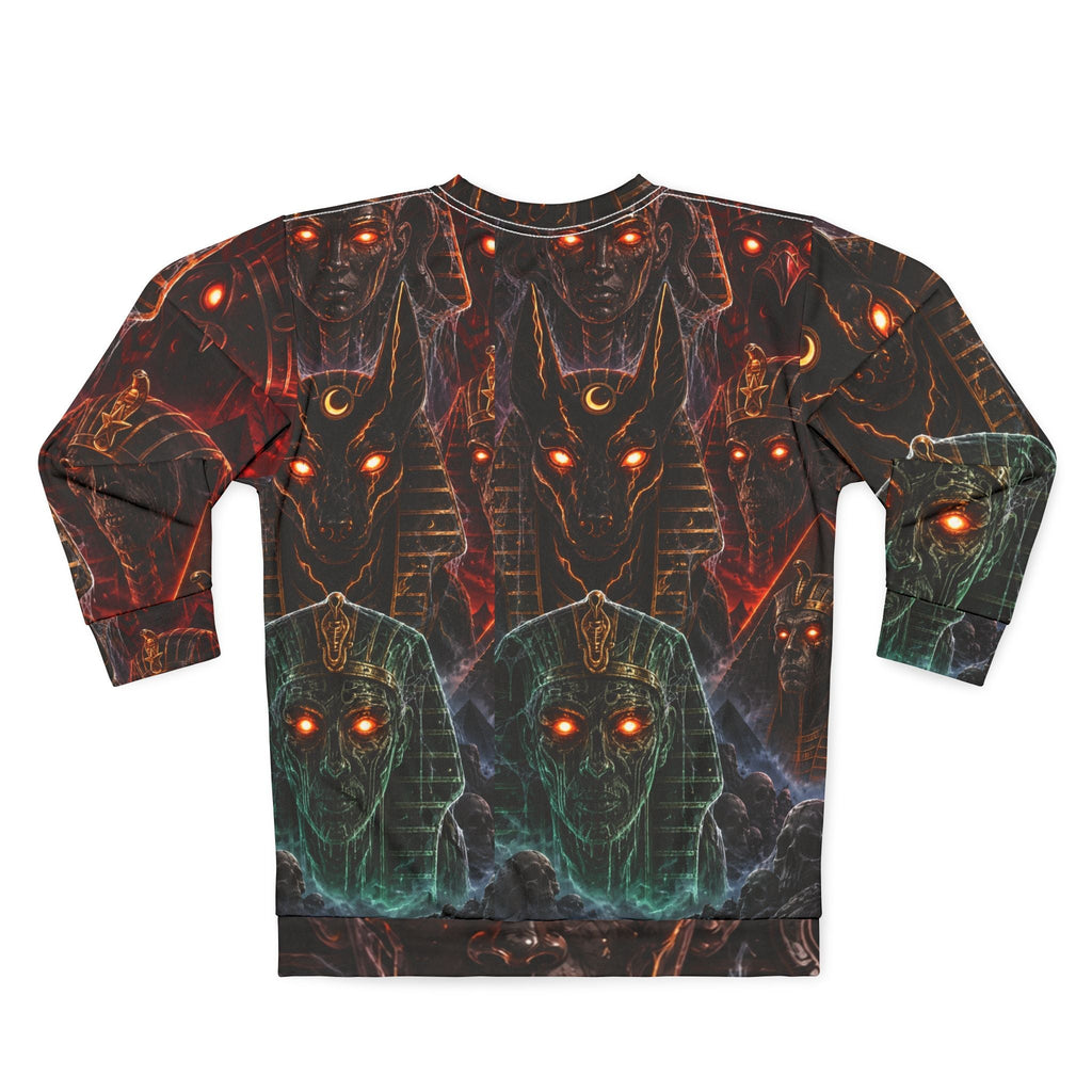 Pharaoh's Curse AOP Sweatshirt — Glowing-Eye Anubis & Egyptian Gods