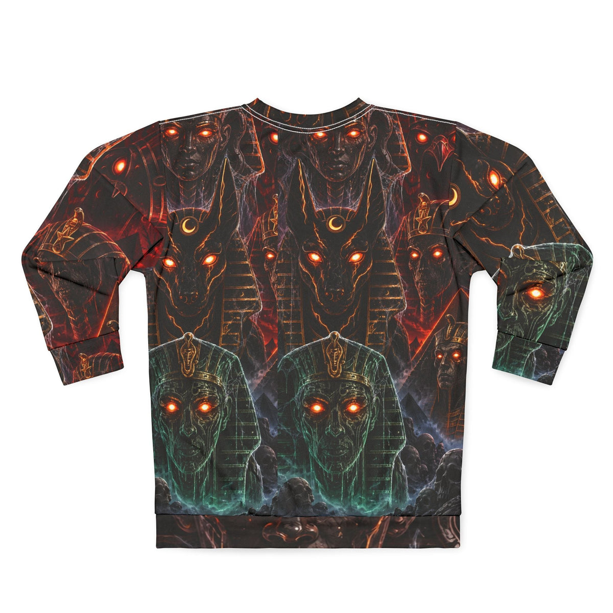 Pharaoh's Curse AOP Sweatshirt — Glowing-Eye Anubis & Egyptian Gods