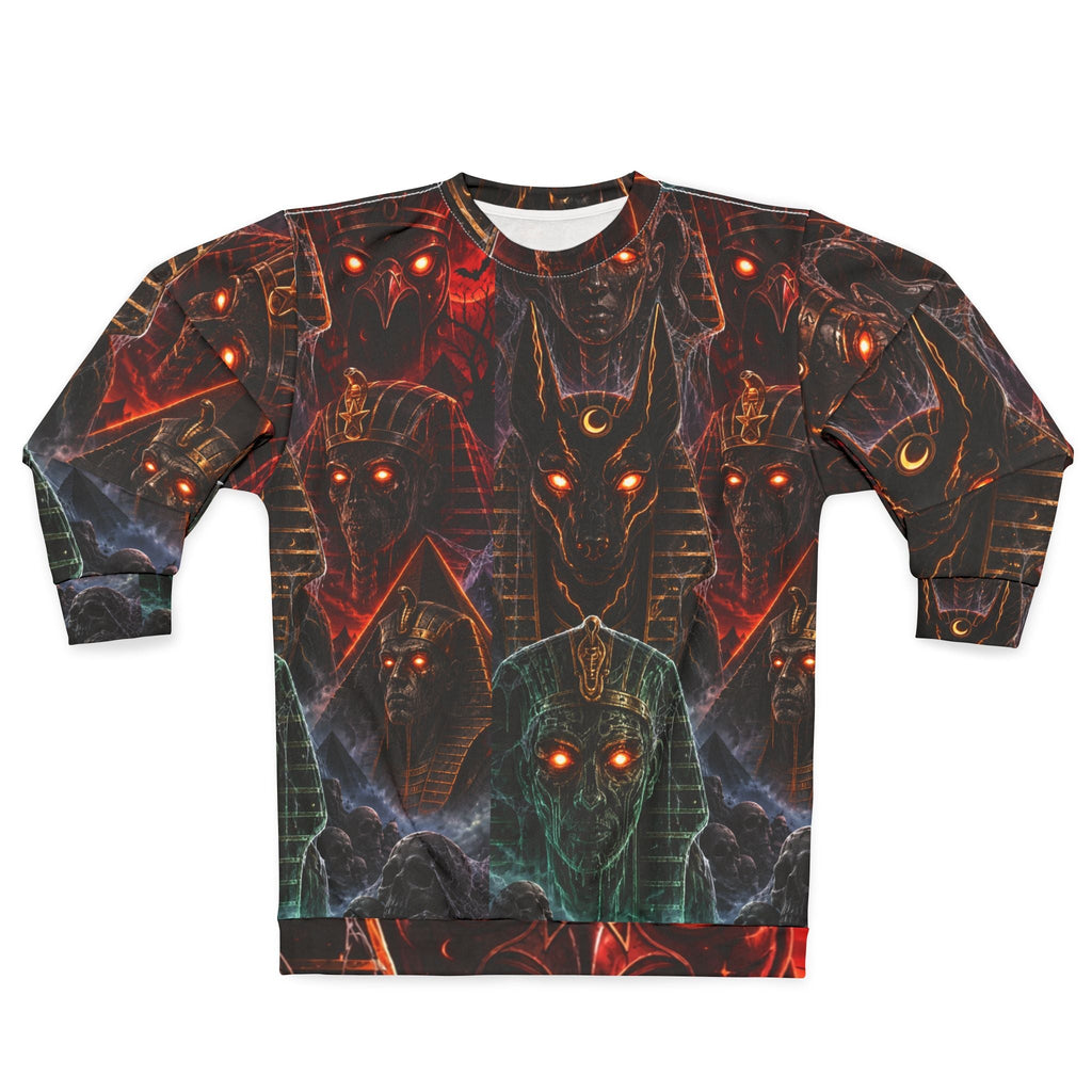 Pharaoh's Curse AOP Sweatshirt — Glowing-Eye Anubis & Egyptian Gods