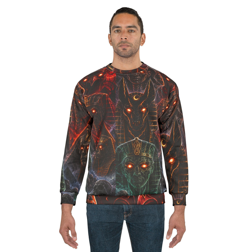 Pharaoh's Curse AOP Sweatshirt — Glowing-Eye Anubis & Egyptian Gods