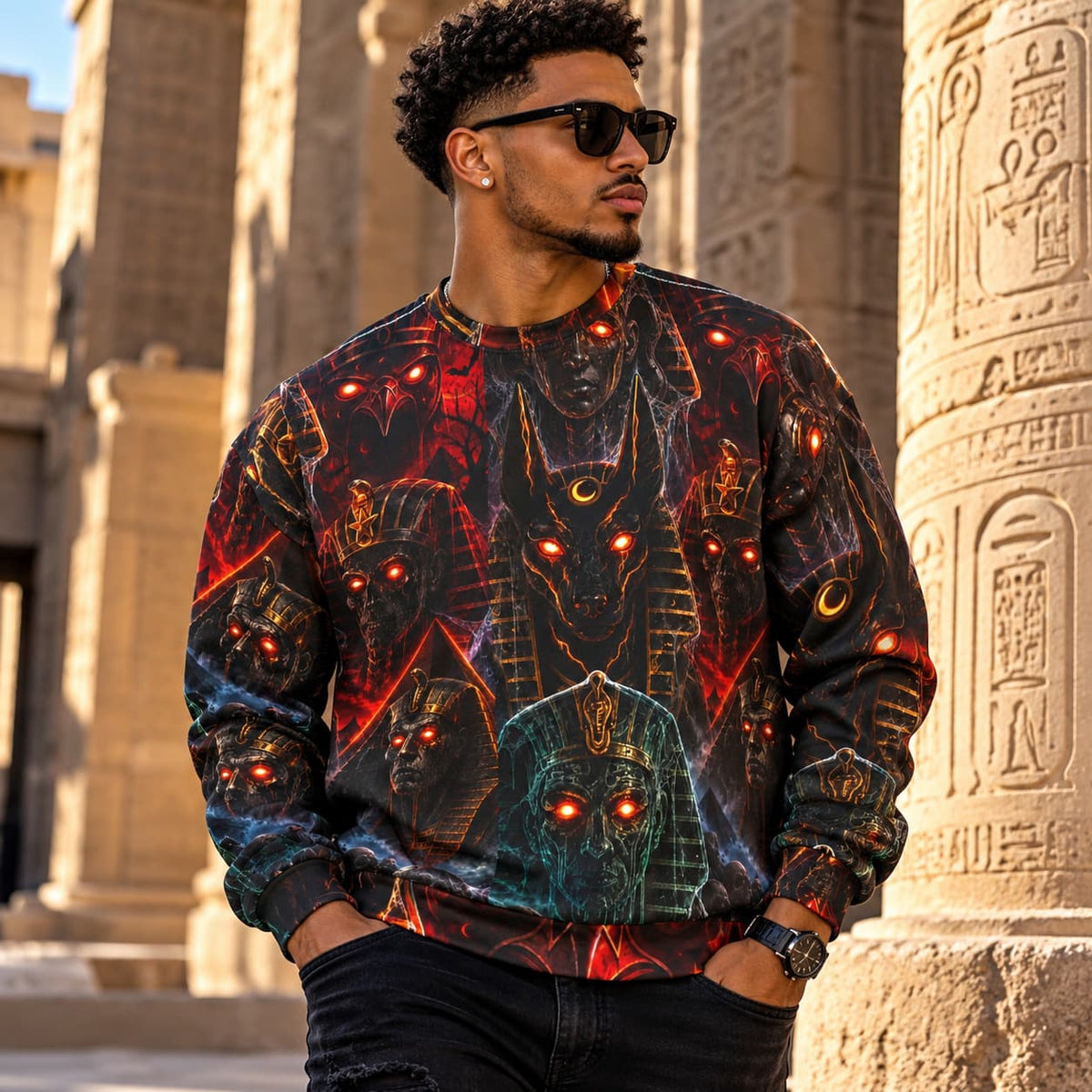 Pharaoh's Curse AOP Sweatshirt — Glowing-Eye Anubis & Egyptian Gods