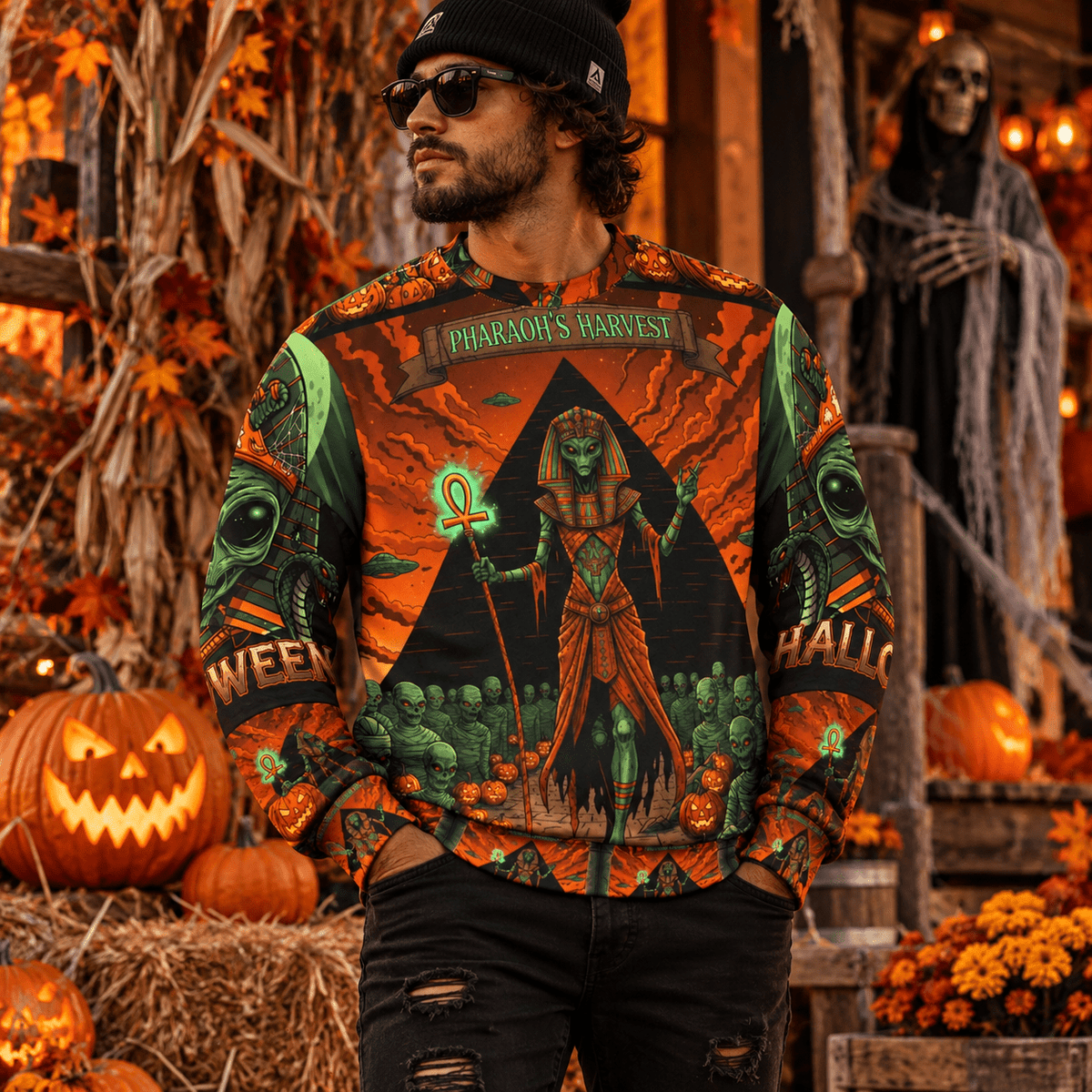 Pharaoh’s Harvest Halloween All-Over Print Sweatshirt (AOP)🎃