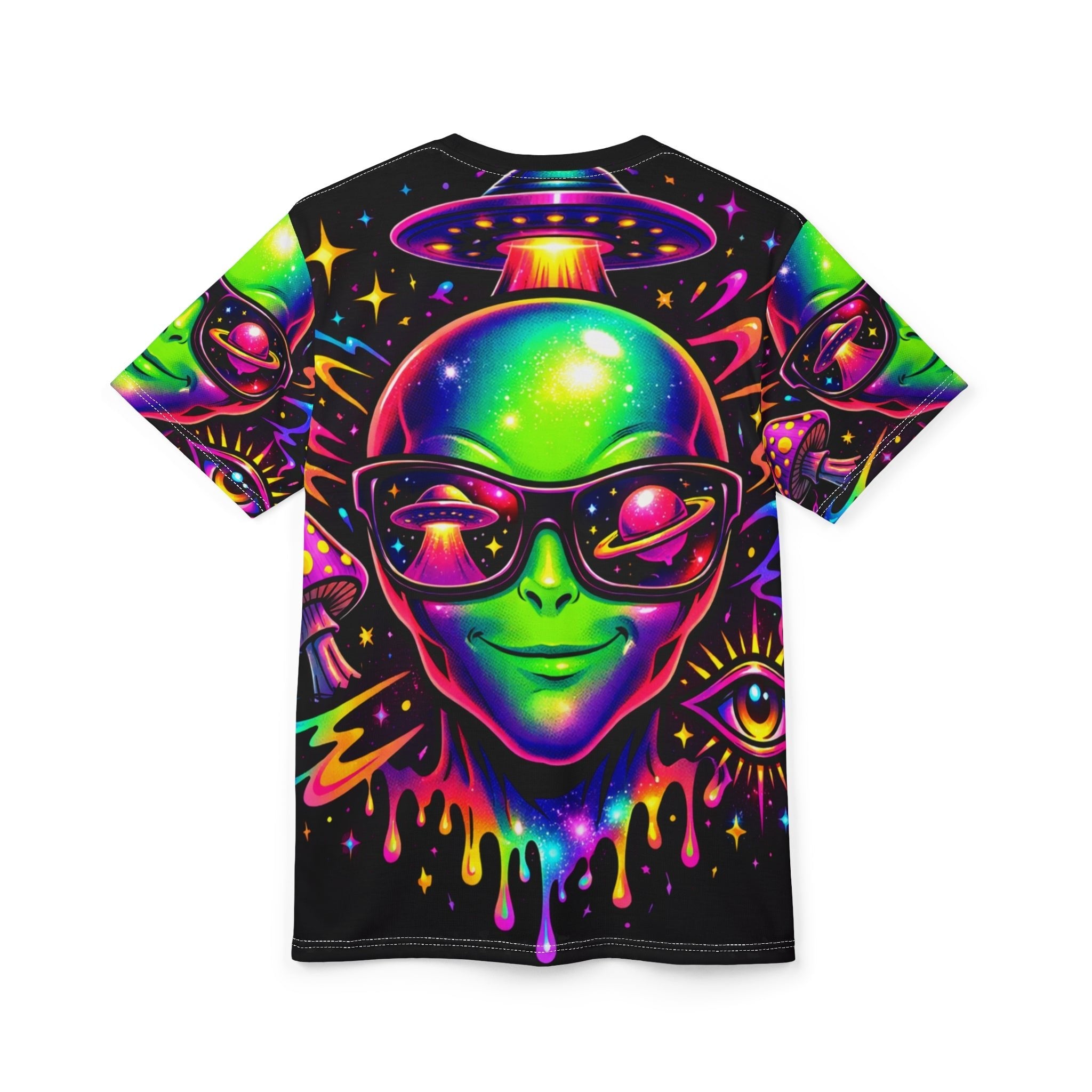 Psychedelic Alien Tee — Neon UFO Sunglasses All-Over Print Shirt Printify