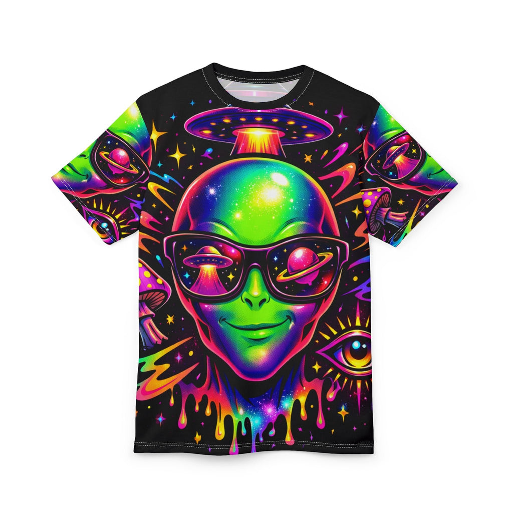 Psychedelic Alien Tee — Neon UFO Sunglasses All-Over Print Shirt Printify