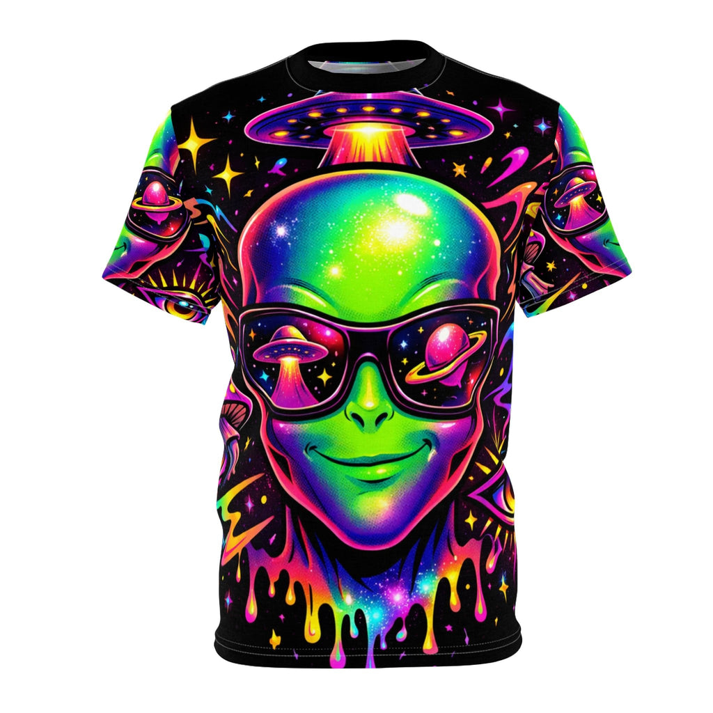 Psychedelic Alien Tee — Neon UFO Sunglasses All-Over Print Shirt Printify