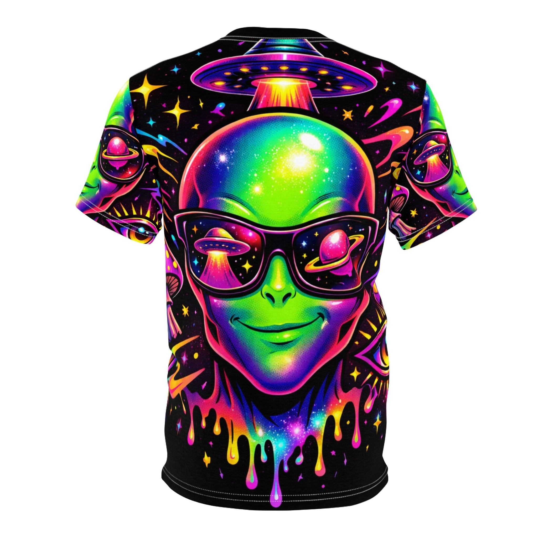 Psychedelic Alien Tee — Neon UFO Sunglasses All-Over Print Shirt Printify