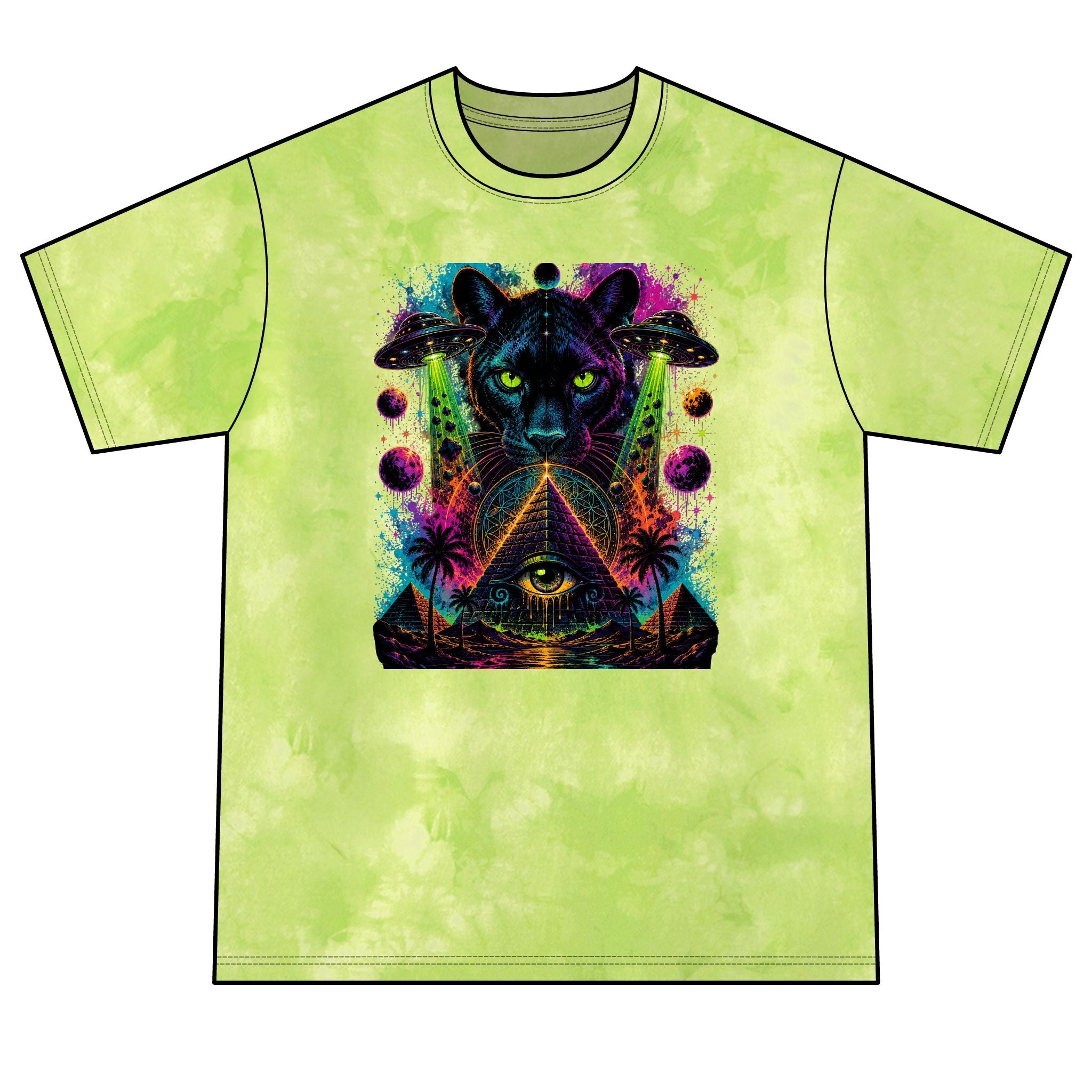 Psychedelic Black Panther Tie-Dye Tee — Mystic Pyramid & All-Seeing Eye Graphic